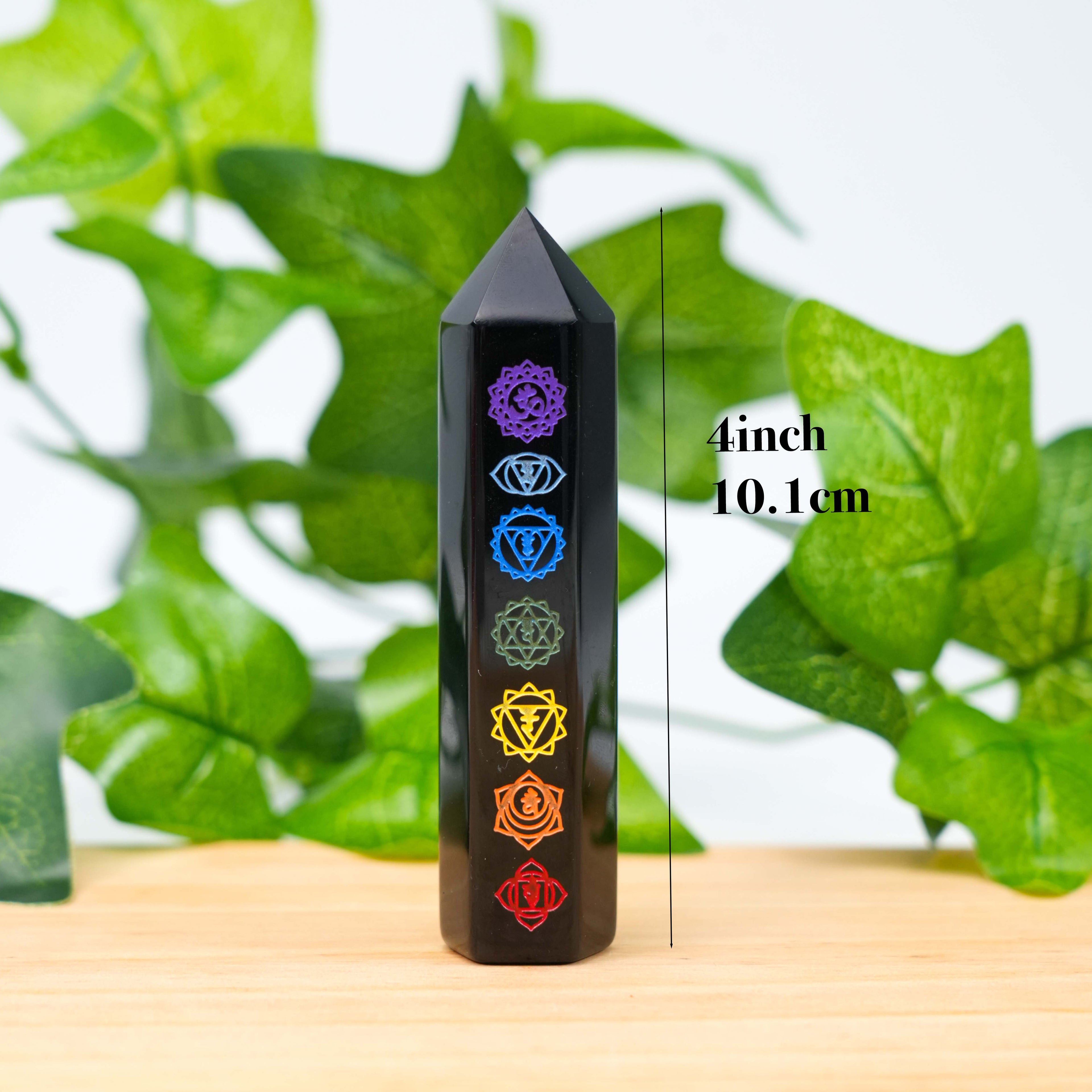 Black Obsidian 7 Chakra Crystal Wand | Engraved Energy Healing Obelisk for Reiki & Meditation