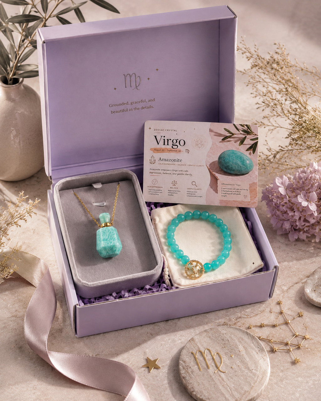 Virgo Zodiac Crystal Gift Set | Amazonite Necklace & Beaded Bracelet Kit, Astrology Birthday Gift for Women