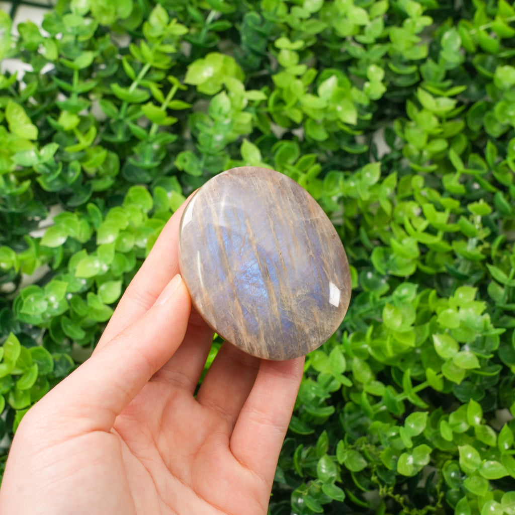 Natural Blue Moonstone Palm Stone, Polished Crystal Worry Stone for Stress Relief
