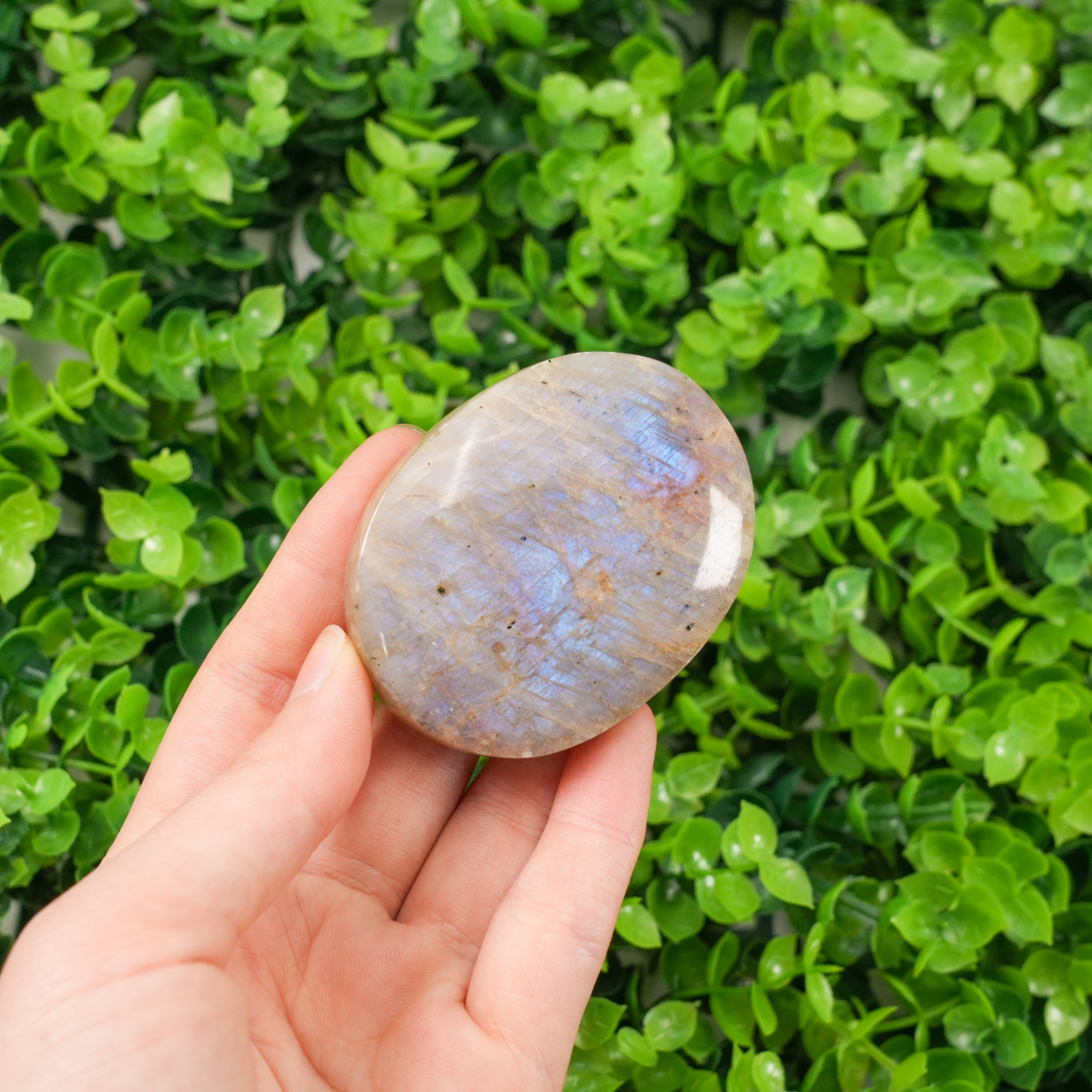 Natural Blue Moonstone Palm Stone, Polished Crystal Worry Stone for Stress Relief