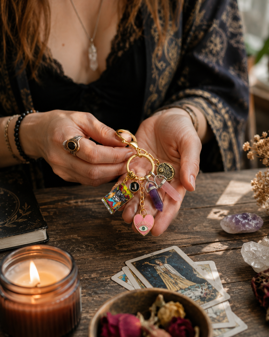 Tarot Crystal Keychain - The Lovers / The Empress / The High Priestess - Rose Quartz Love Charm