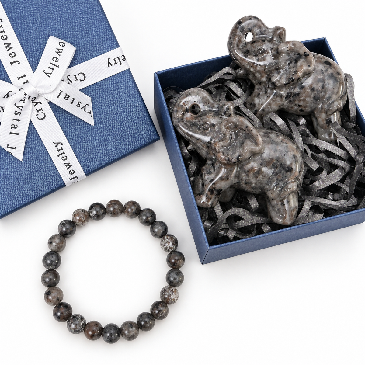 Yooperlite Gift Set, 2 Elephant Carvings or 2 Dragon Heads Carvings with an 8mm Beaded Bracelet, Gift Box Included