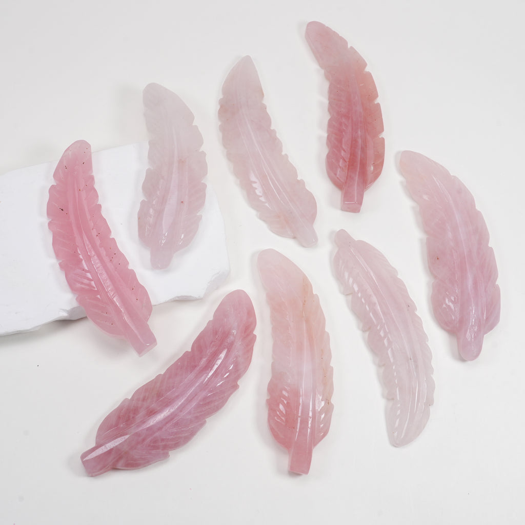 Rose Quartz Feather Carving, Natural Pink Crystal Feather Sculpture Home Decor Ornament