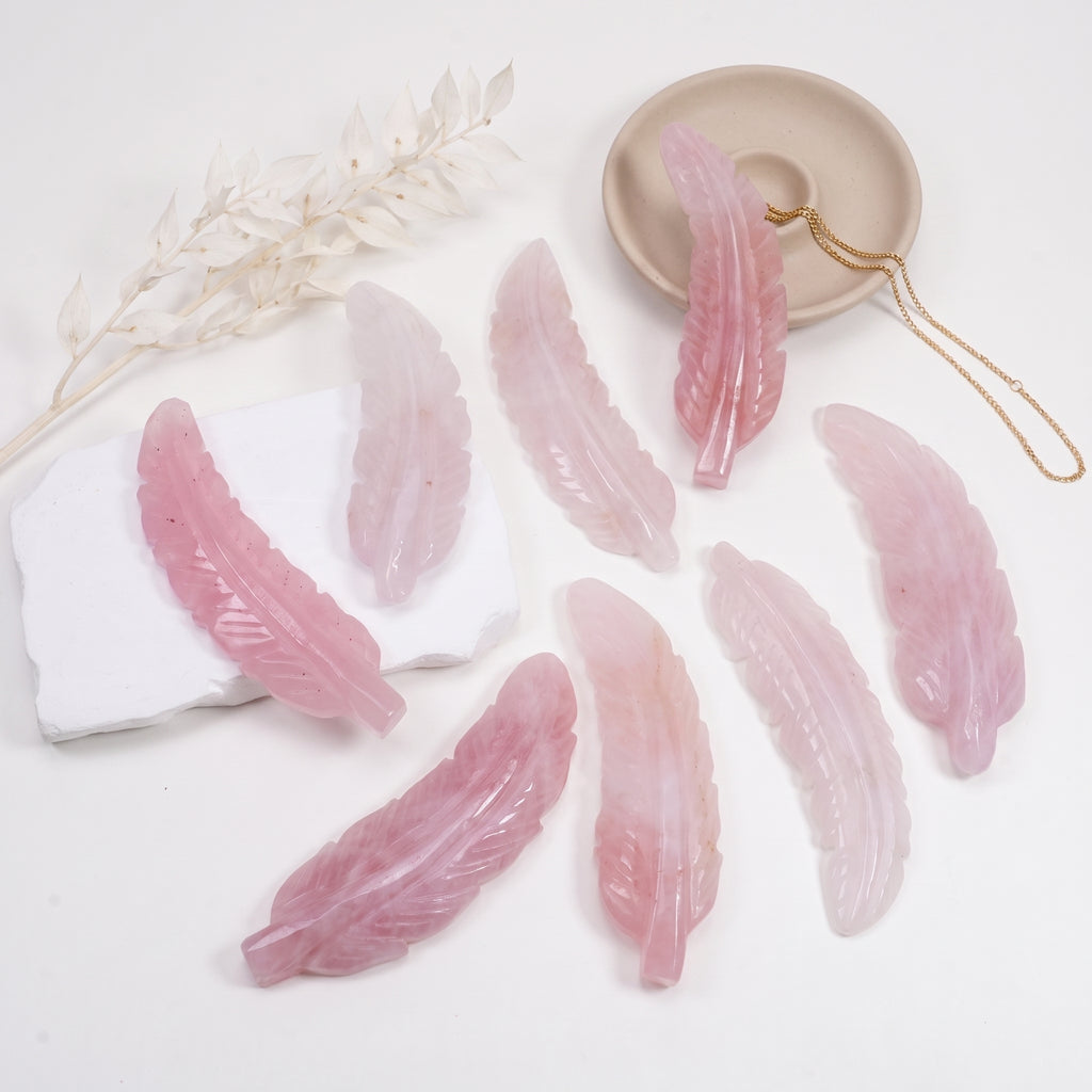 Rose Quartz Feather Carving, Natural Pink Crystal Feather Sculpture Home Decor Ornament