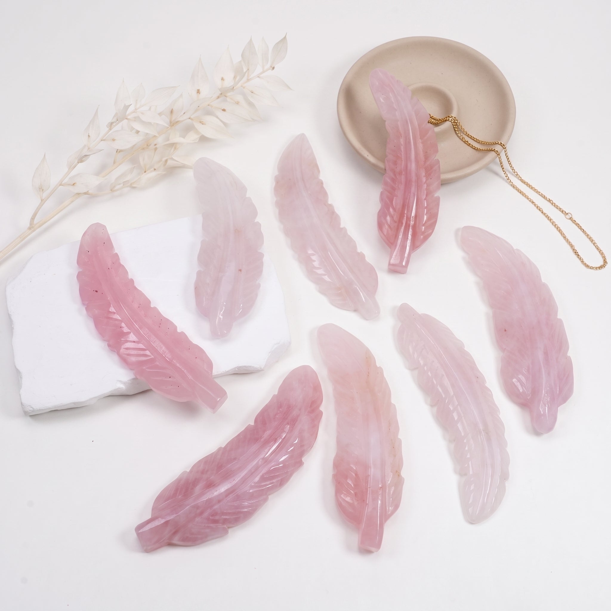 Rose Quartz Feather Carving, Natural Pink Crystal Feather Sculpture Home Decor Ornament