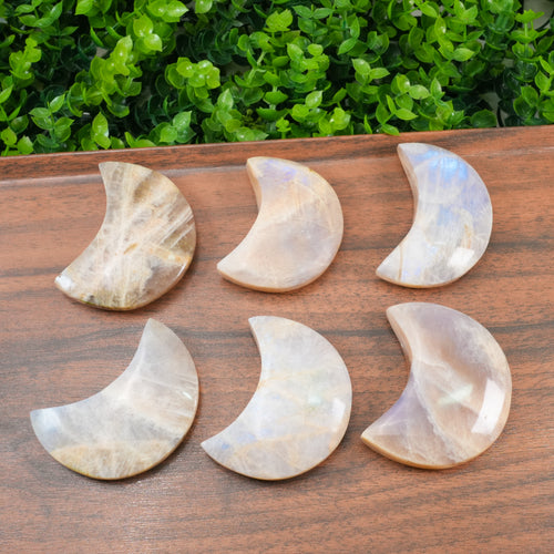 Blue Flash Moonstone Crescent Moon Carving, Polished Moon Crystal Slice for Spiritual Decor & Energy Healing