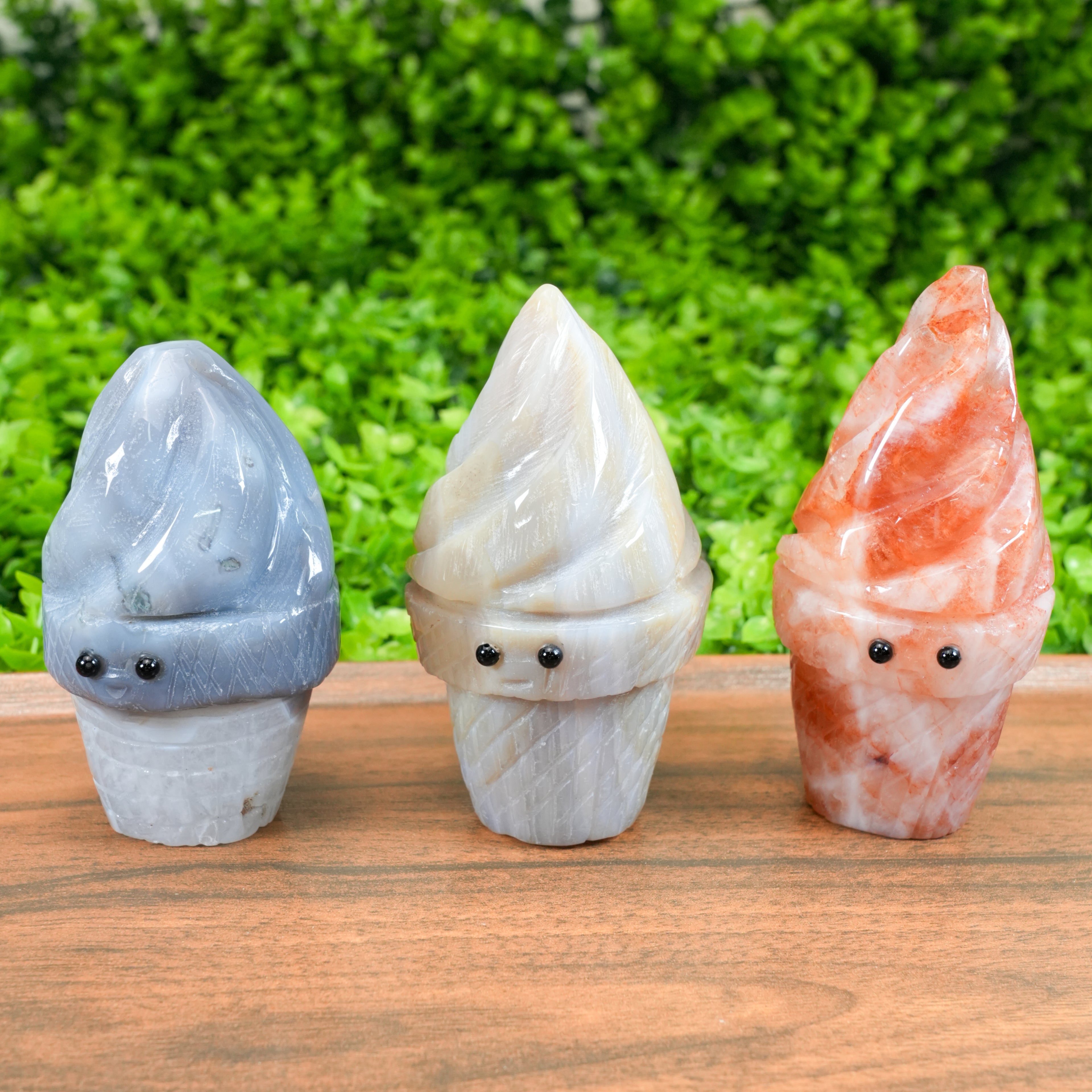 Hand Carved Natural Crystal Ice Cream Cone Carving - Cute Cartoon Gemstone Worry Stone Desk Decor