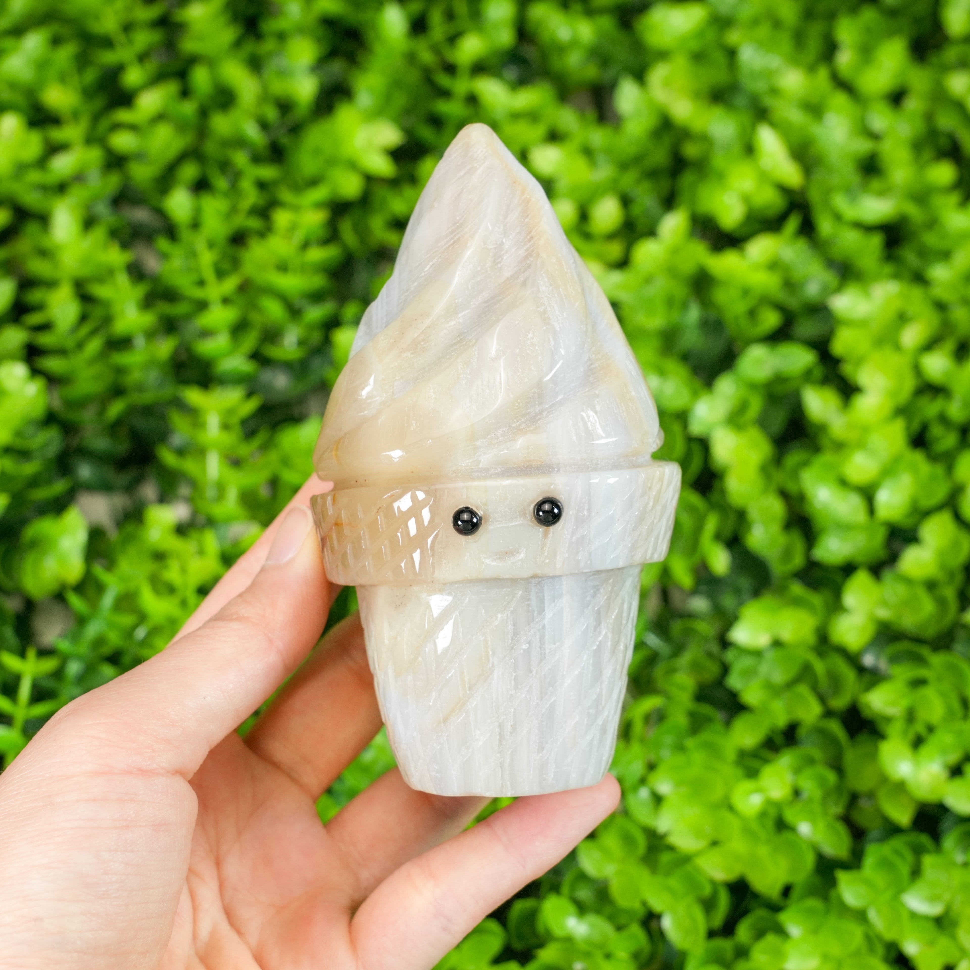 Hand Carved Natural Crystal Ice Cream Cone Carving - Cute Cartoon Gemstone Worry Stone Desk Decor