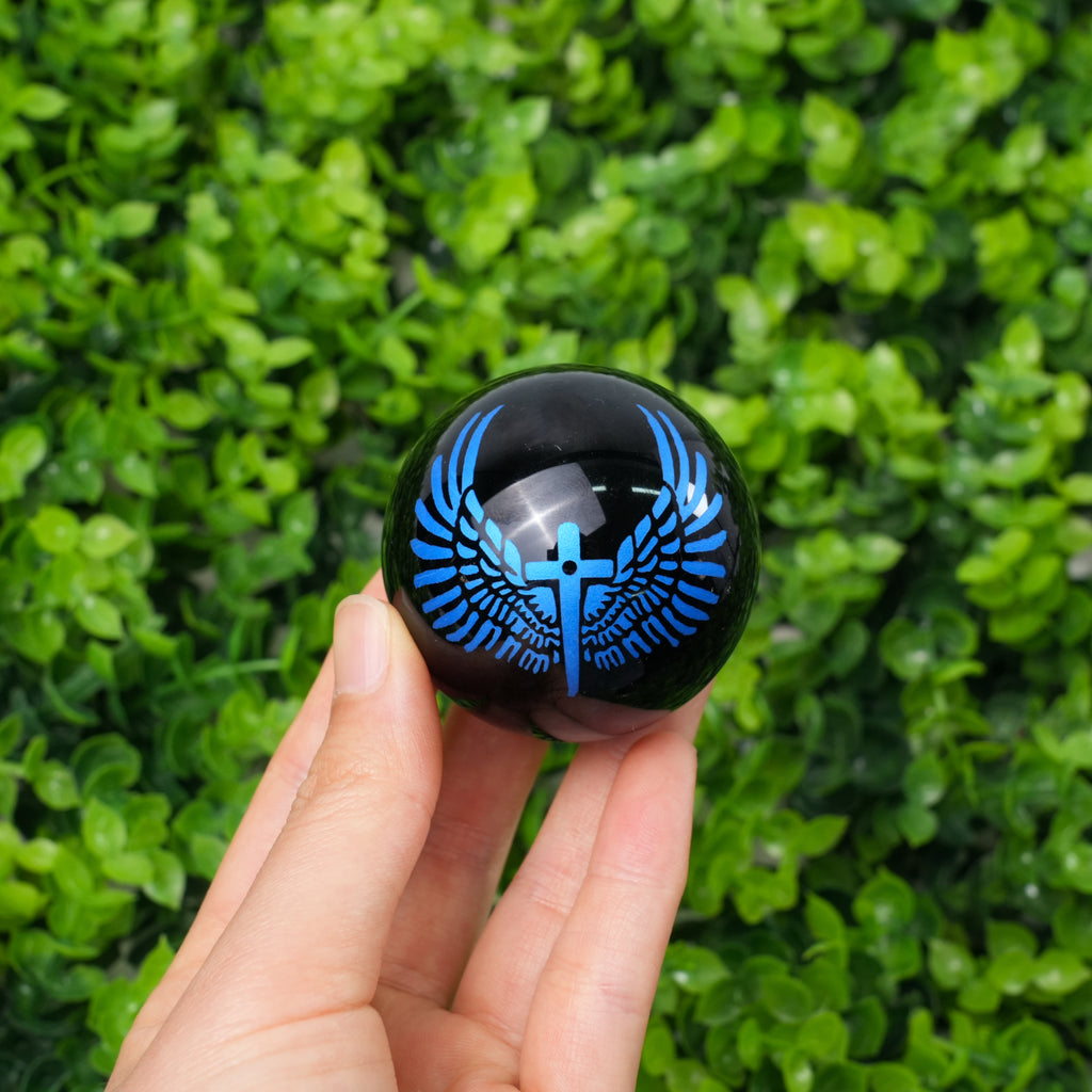 Obsidian Sphere with Angel Wings & Cross Engraving | Natural Black Obsidian Crystal Ball for Protection, Meditation & Home Decor