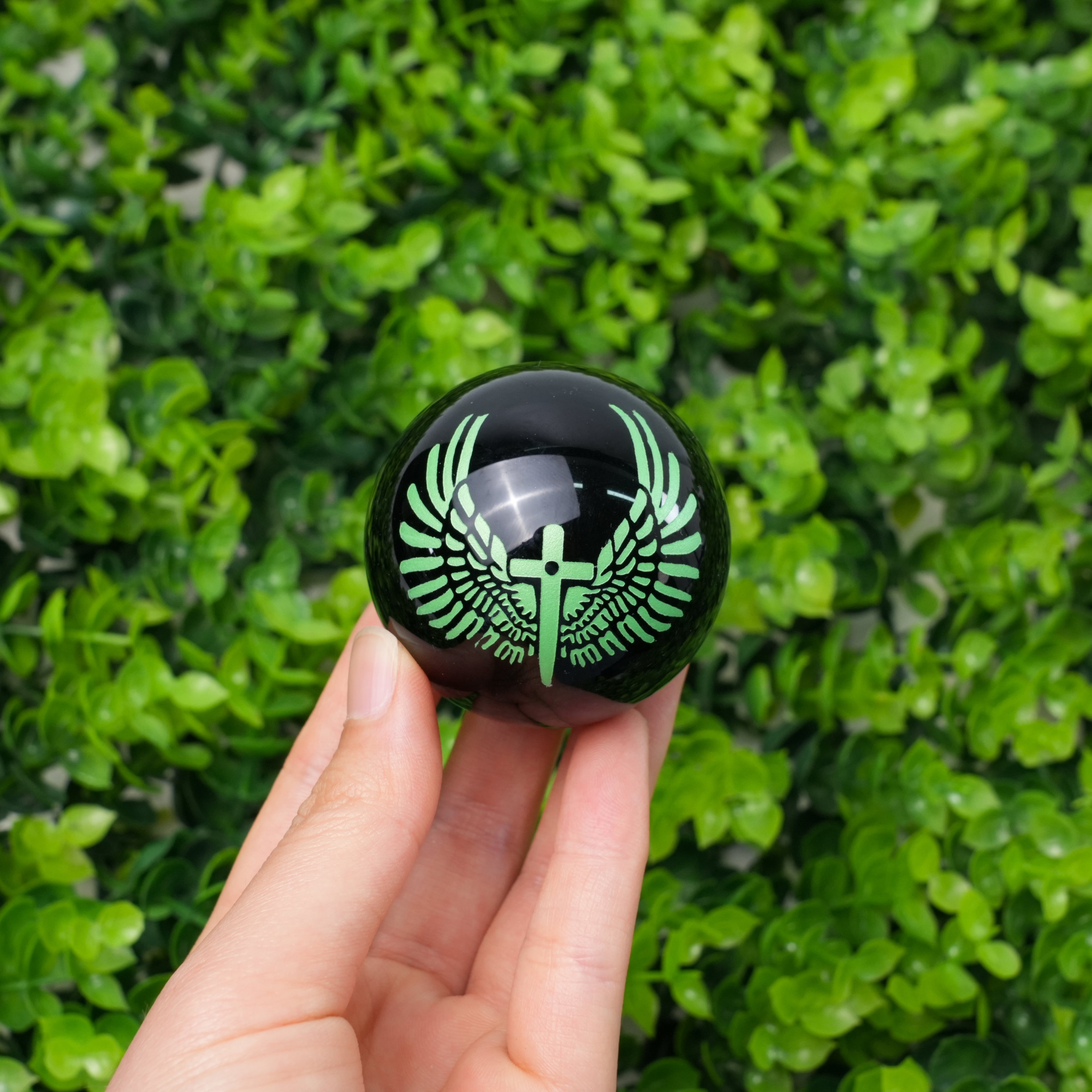 Obsidian Sphere with Angel Wings & Cross Engraving | Natural Black Obsidian Crystal Ball for Protection, Meditation & Home Decor