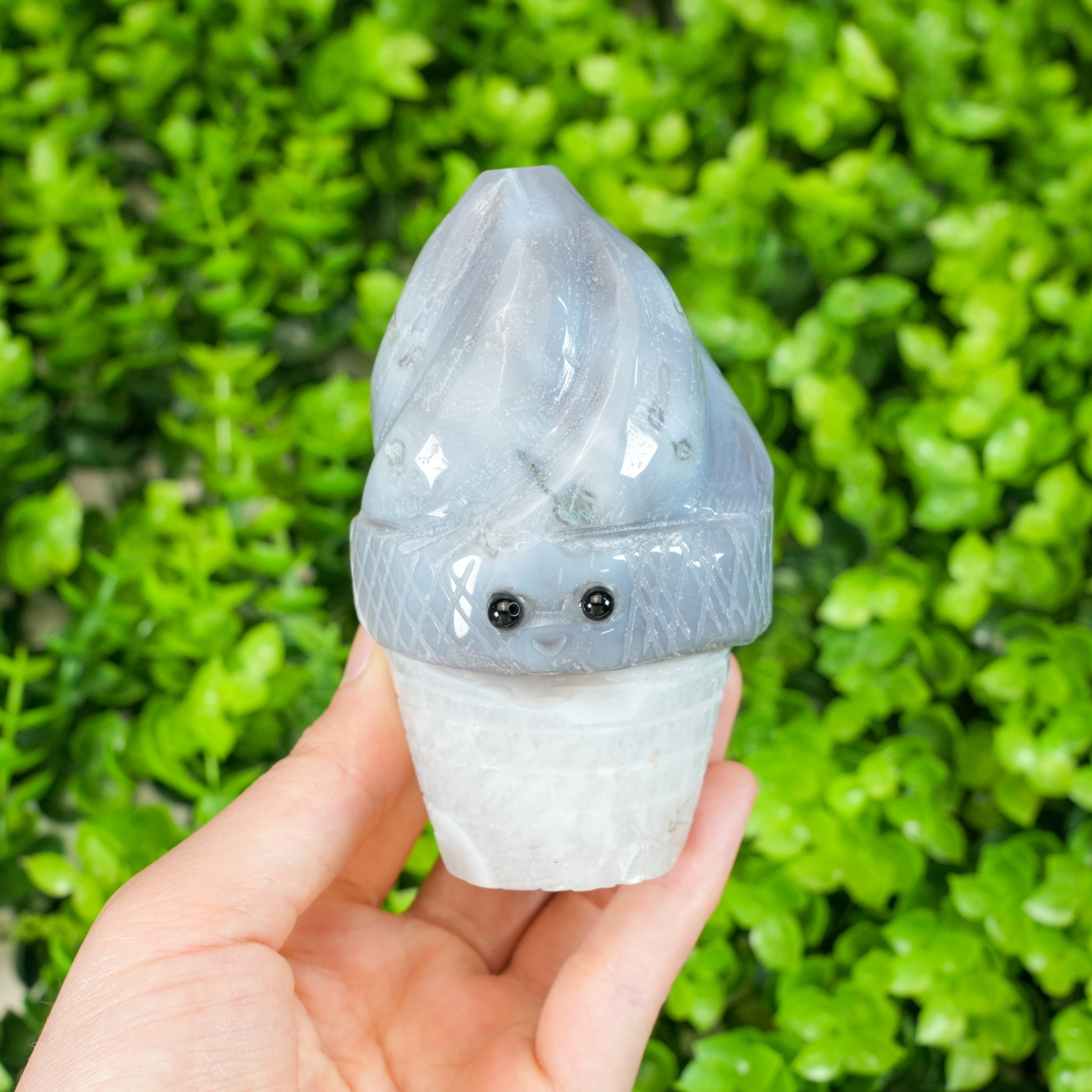 Hand Carved Natural Crystal Ice Cream Cone Carving - Cute Cartoon Gemstone Worry Stone Desk Decor