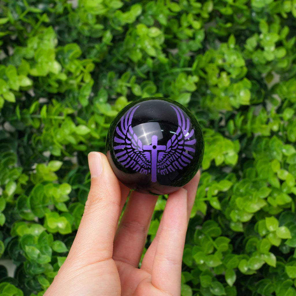 Obsidian Sphere with Angel Wings & Cross Engraving | Natural Black Obsidian Crystal Ball for Protection, Meditation & Home Decor