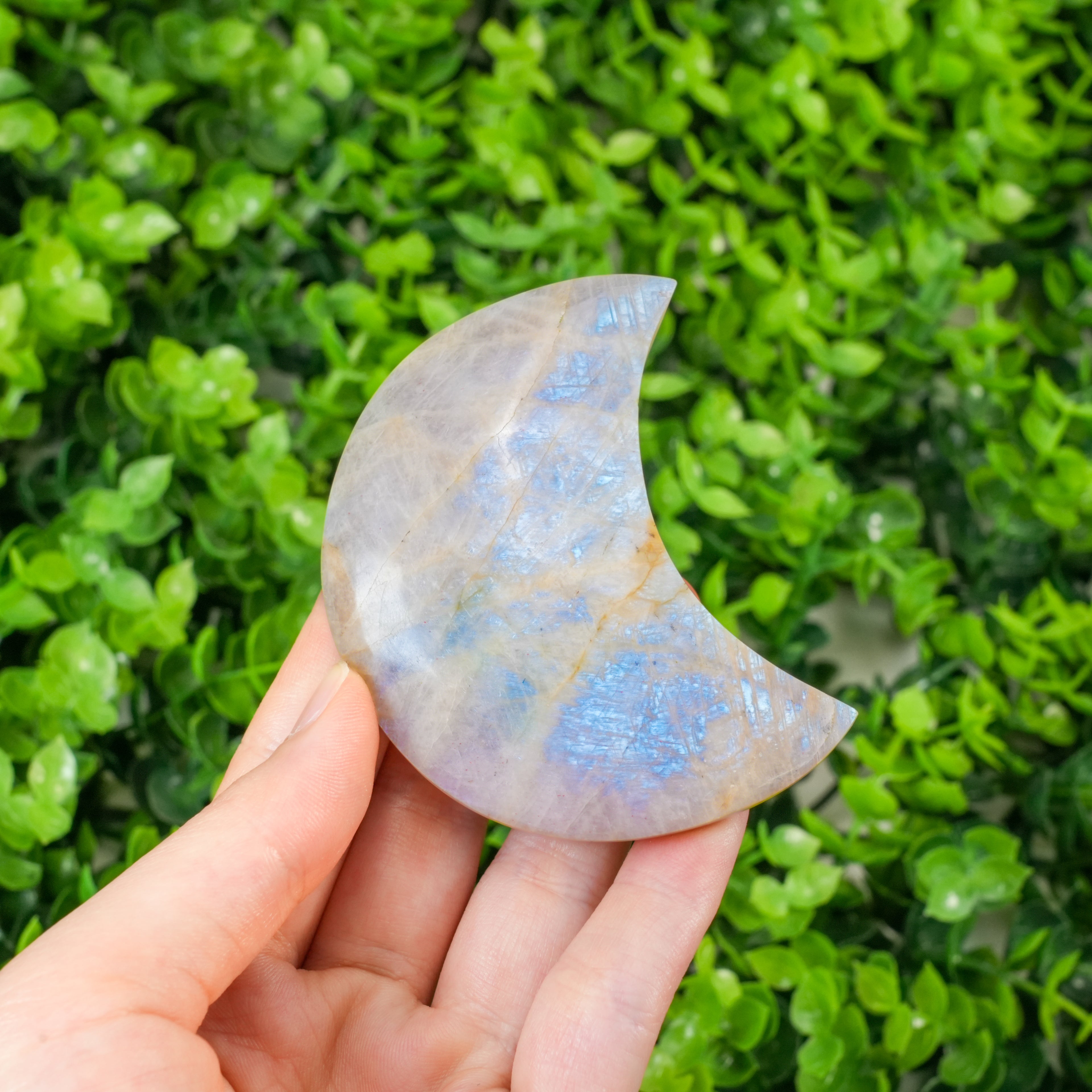Blue Flash Moonstone Crescent Moon Carving, Polished Moon Crystal Slice for Spiritual Decor & Energy Healing