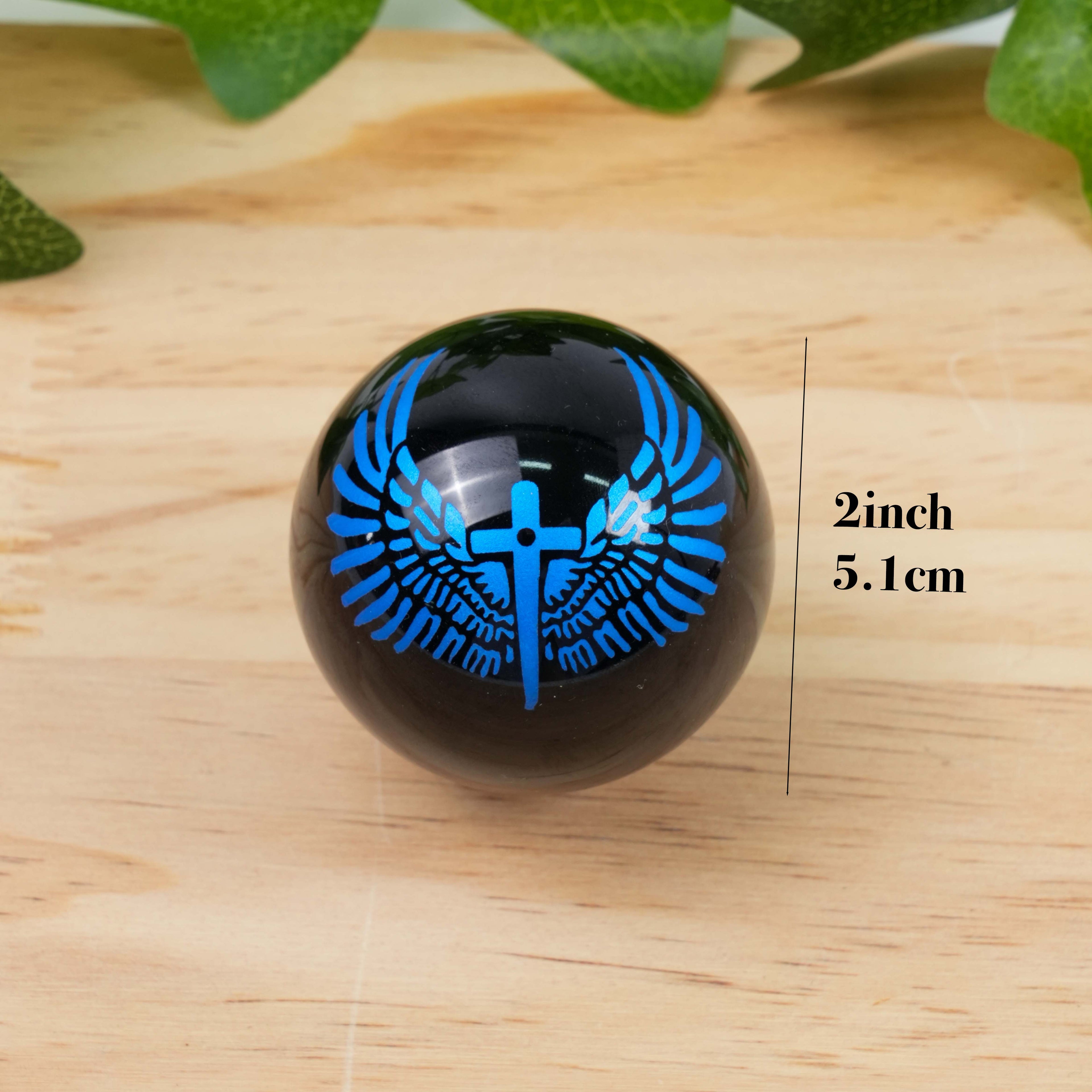 Obsidian Sphere with Angel Wings & Cross Engraving | Natural Black Obsidian Crystal Ball for Protection, Meditation & Home Decor