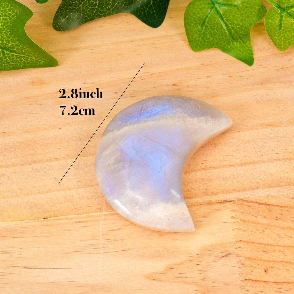Blue Flash Moonstone Crescent Moon Carving, Polished Moon Crystal Slice for Spiritual Decor & Energy Healing