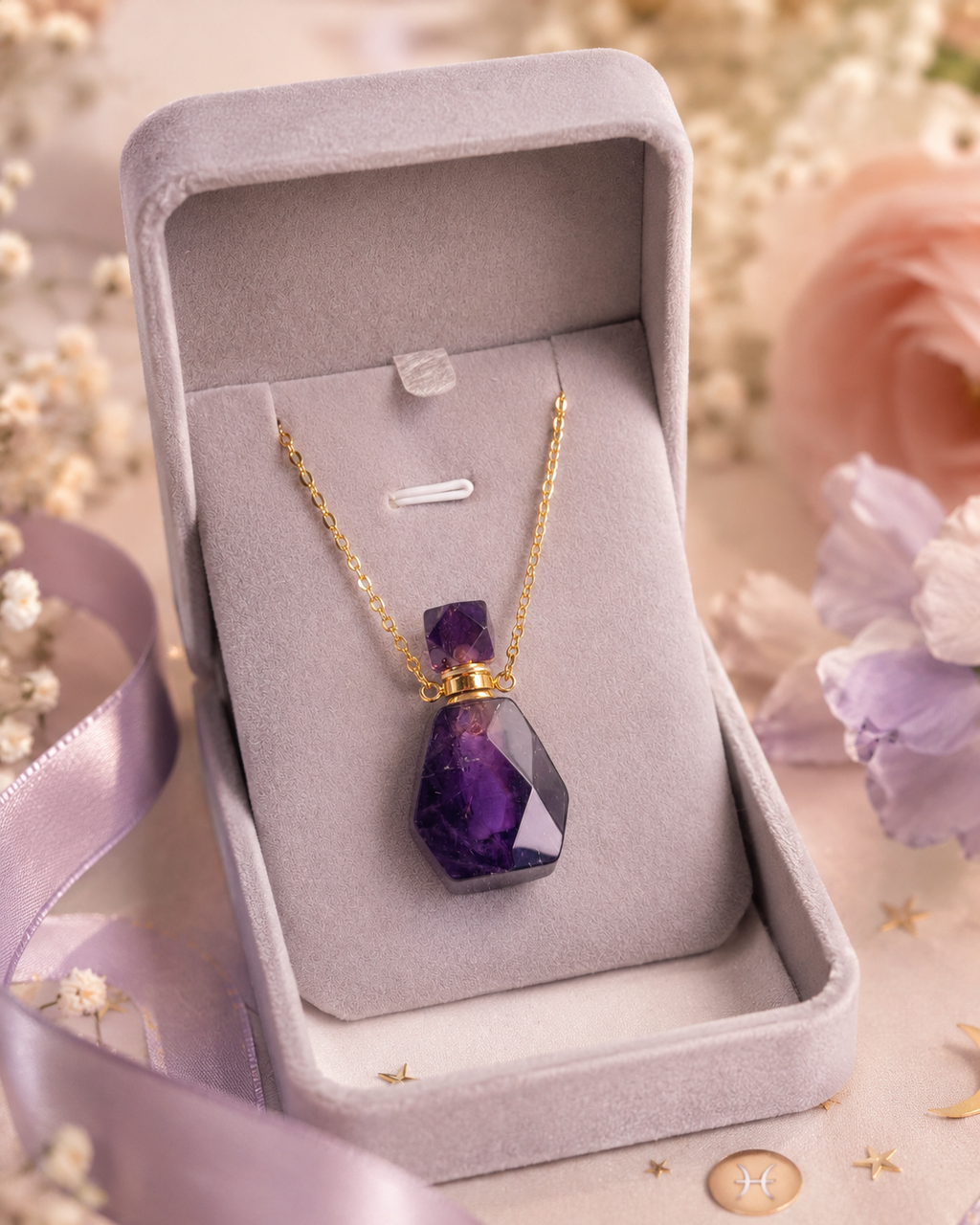 Pisces Zodiac Crystal Gift Set | Amethyst Perfume Bottle Pendant Necklace & Beaded Bracelet Kit, Astrology Birthday Gift for Women