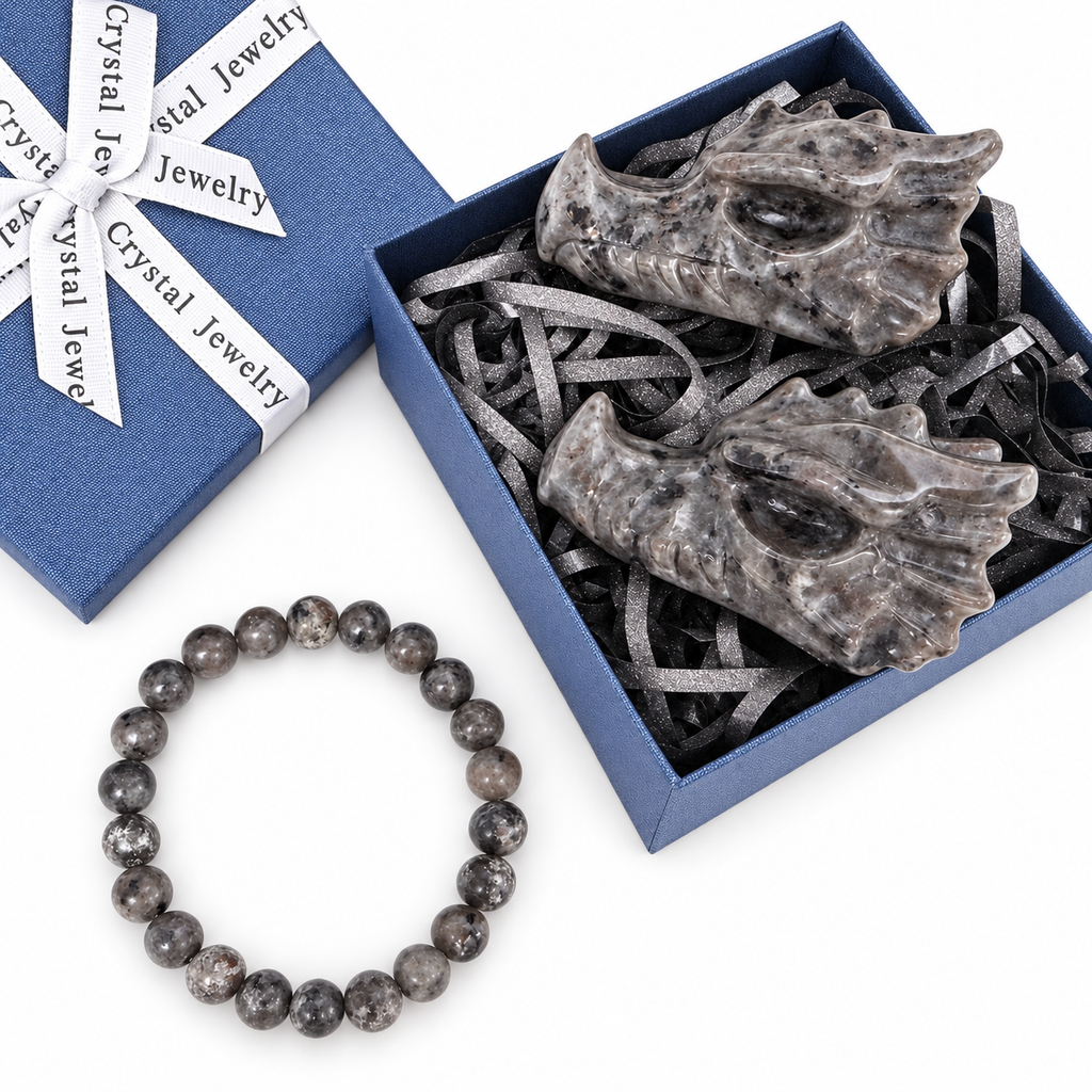 Yooperlite Gift Set, 2 Elephant Carvings or 2 Dragon Heads Carvings with an 8mm Beaded Bracelet, Gift Box Included