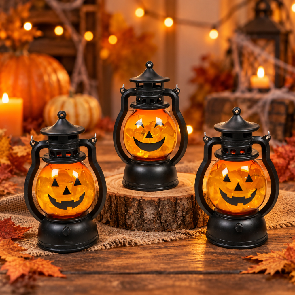 Halloween Pumpkin Face Mini Crystal Lantern, Portable LED Decorative Oil Lamp, Retro Small Hanging Lantern for Halloween Party Tabletop Home Decor