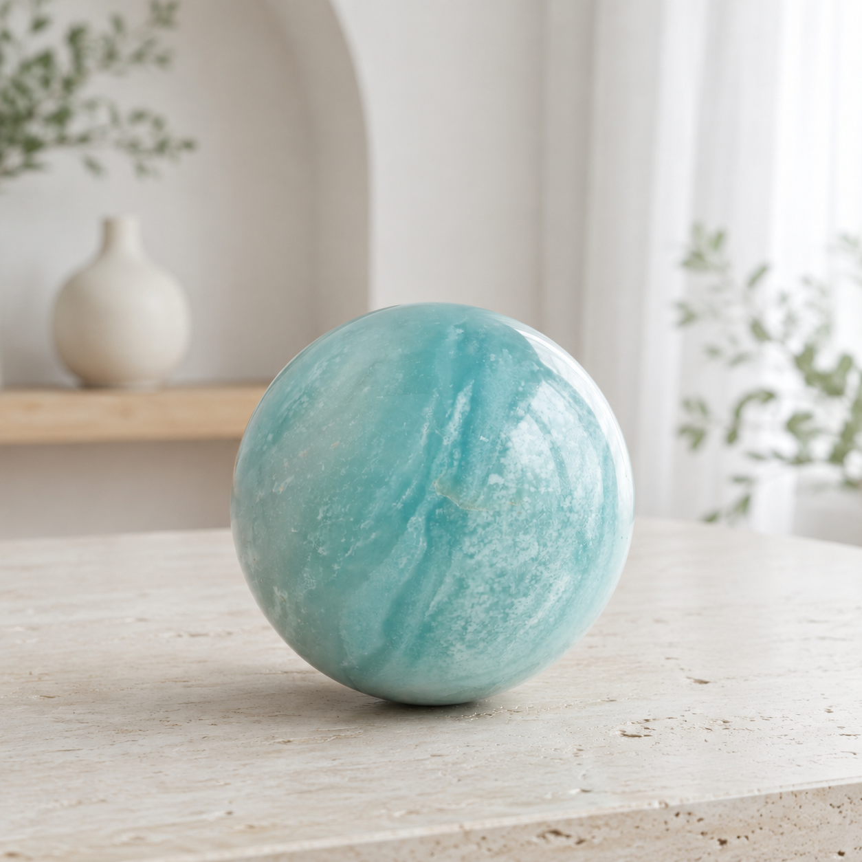 Natural Blue Amazonite Sphere, 5.3cm Polished Crystal Sphere Orb Decor for Home Display Collection