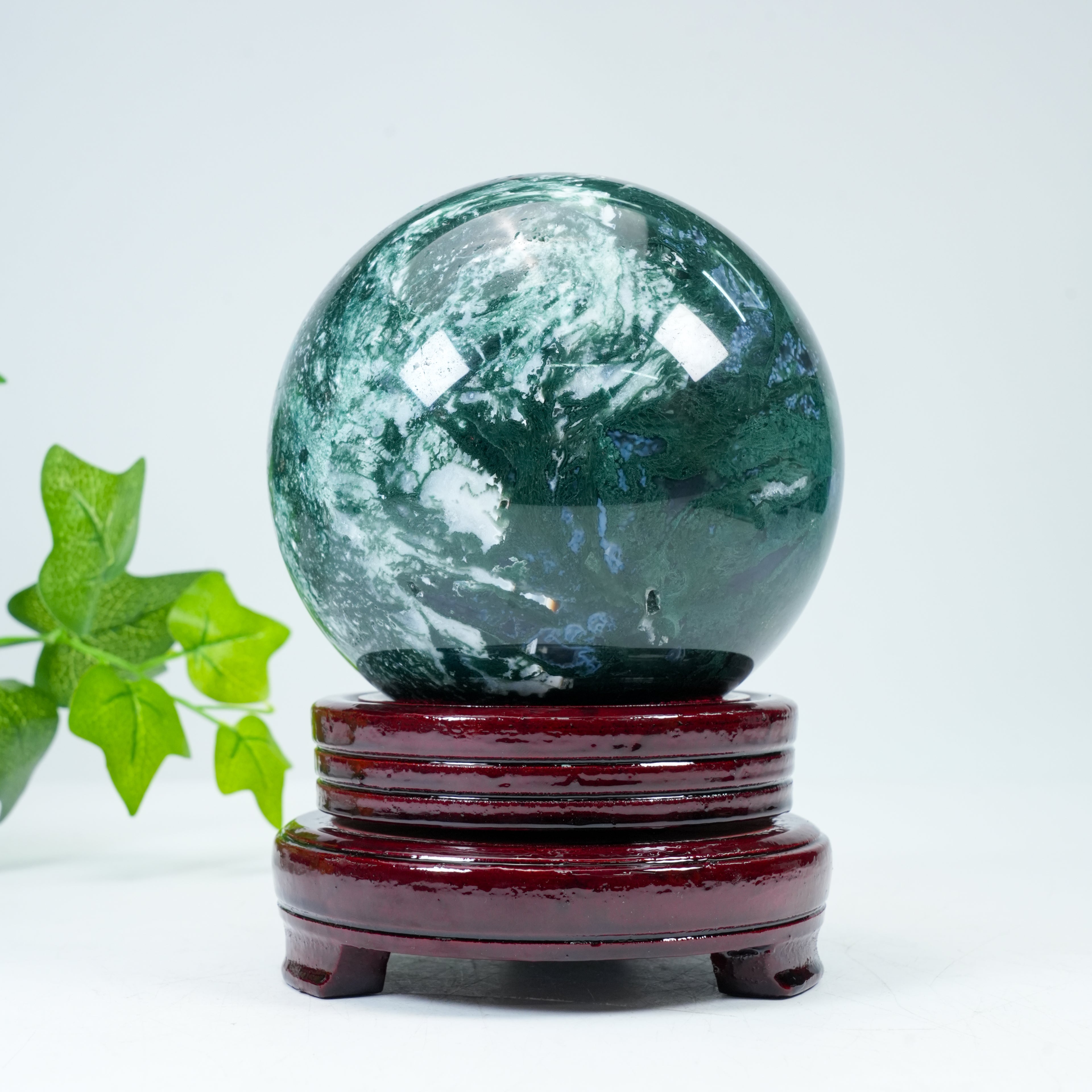 Moss Agate Sphere with Wooden Stand | Healing Crystal Sphere for Growth & Abundance