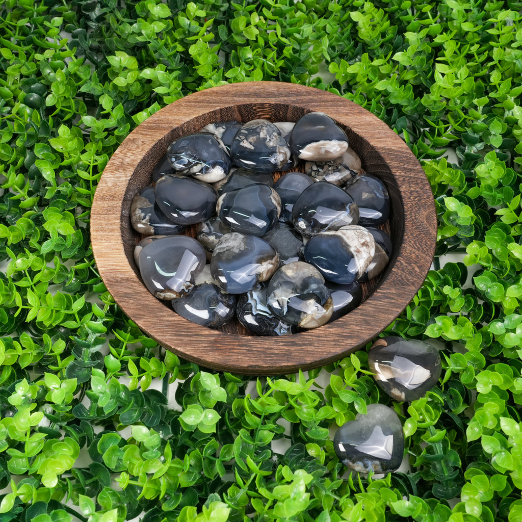Volcano Agate Heart Crystal | Polished Black Volcanic Agate Palm Stone for Grounding & Protection