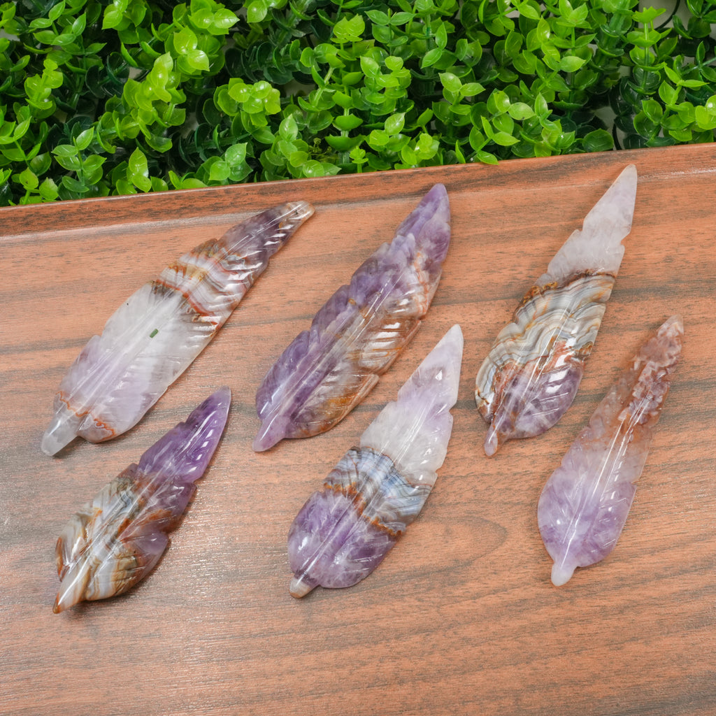 Dream Amethyst Feather Crystal Carving, Hand Polished Feather Shaped Stone for Spiritual Decor & Energy Healing