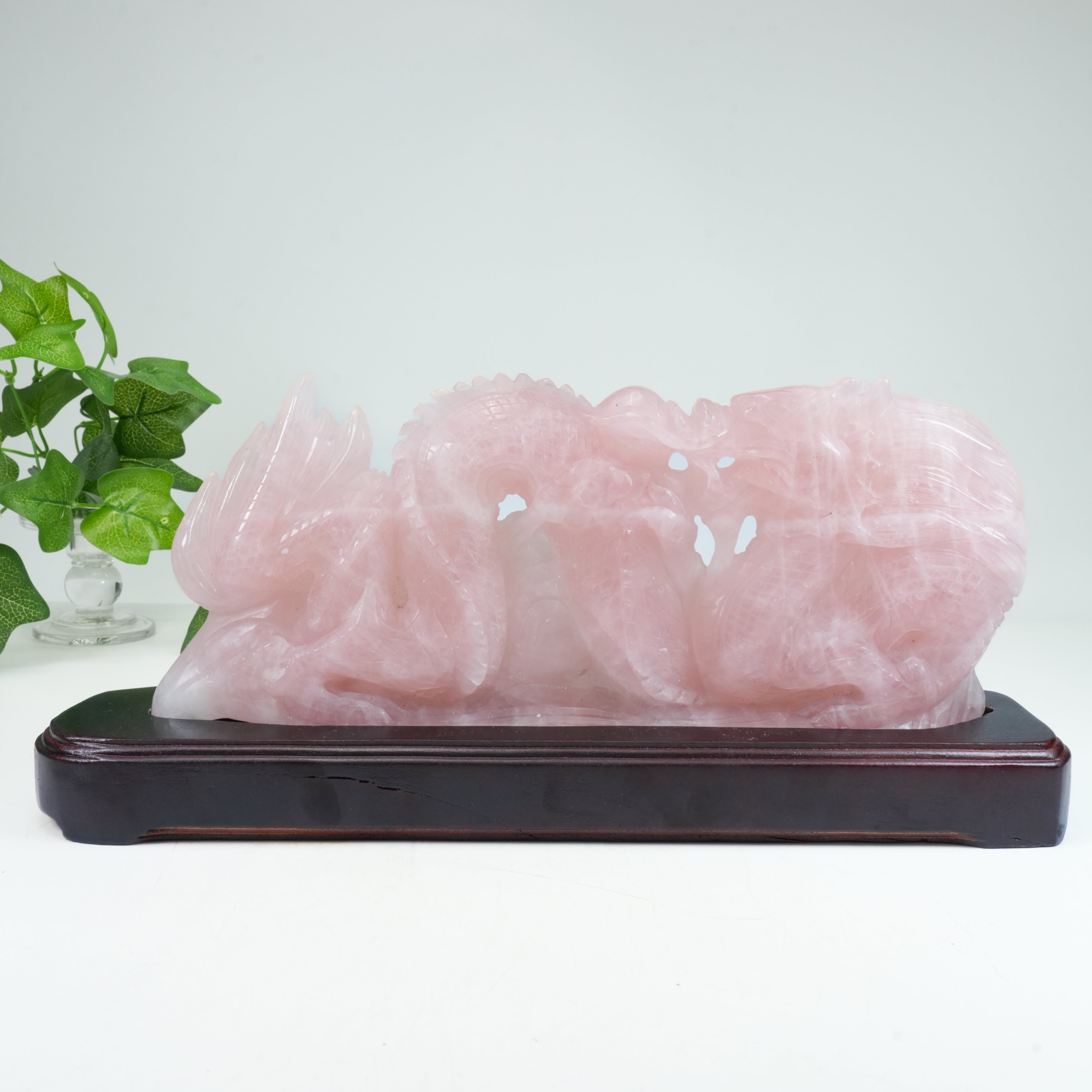 Large Handcarved Natural Rose Quartz Dragon & Phoenix Sculpture