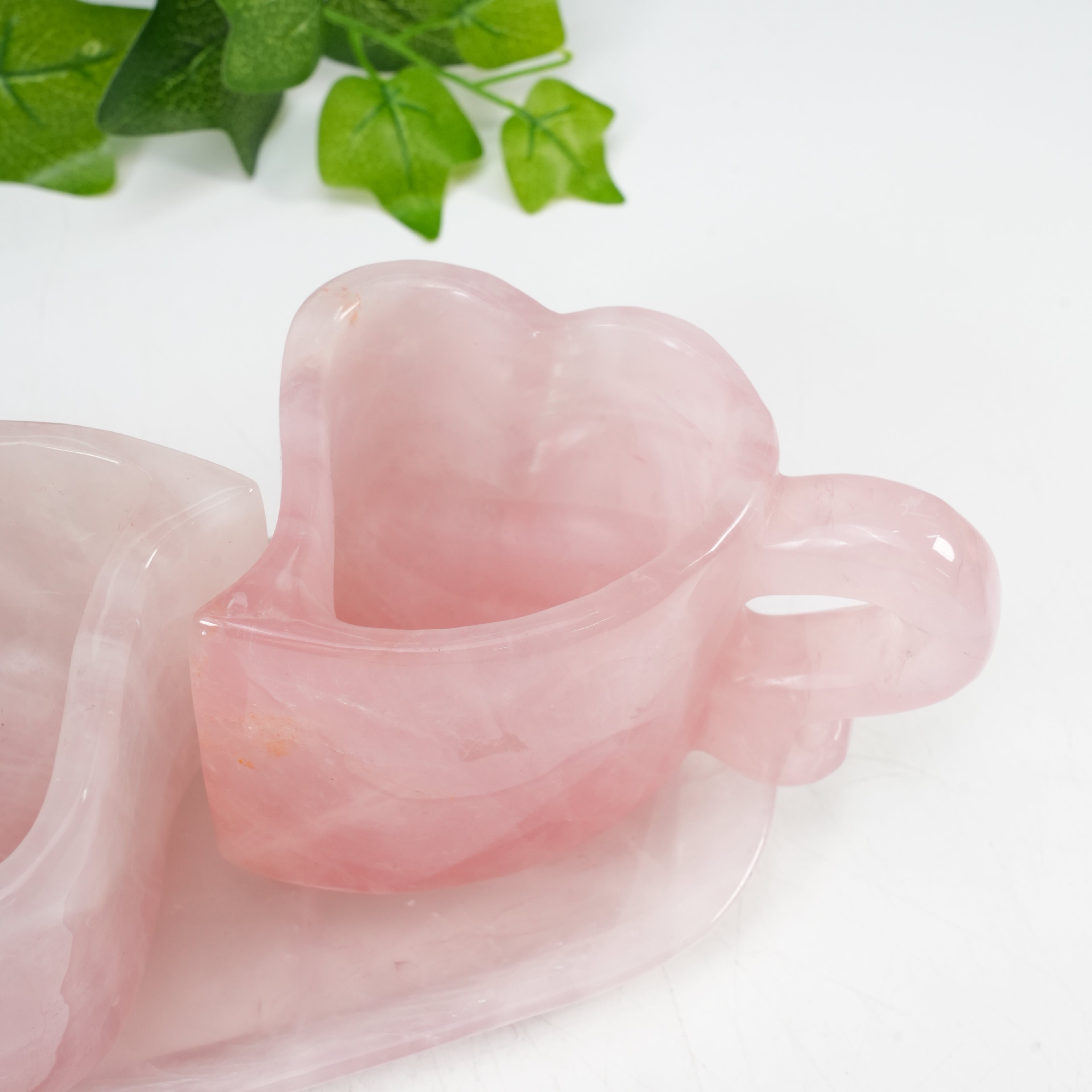 Natural Rose Quartz Heart Shaped Couple Cup Set With Saucer | Hand Carved Healing Crystal Drinkware, Unique Love Gift
