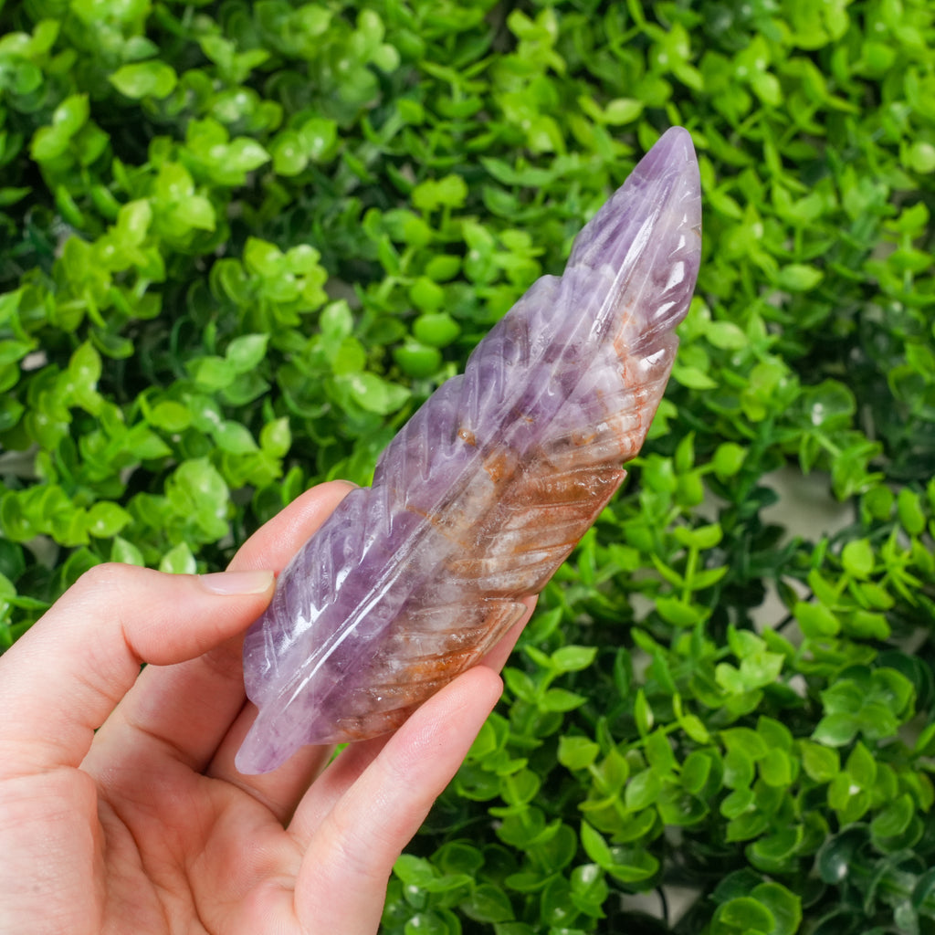 Dream Amethyst Feather Crystal Carving, Hand Polished Feather Shaped Stone for Spiritual Decor & Energy Healing