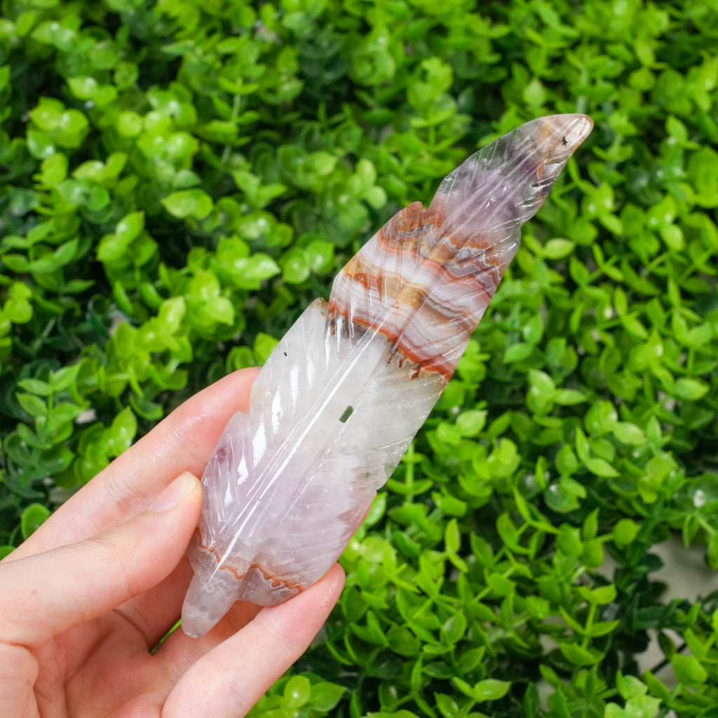 Dream Amethyst Feather Crystal Carving, Hand Polished Feather Shaped Stone for Spiritual Decor & Energy Healing