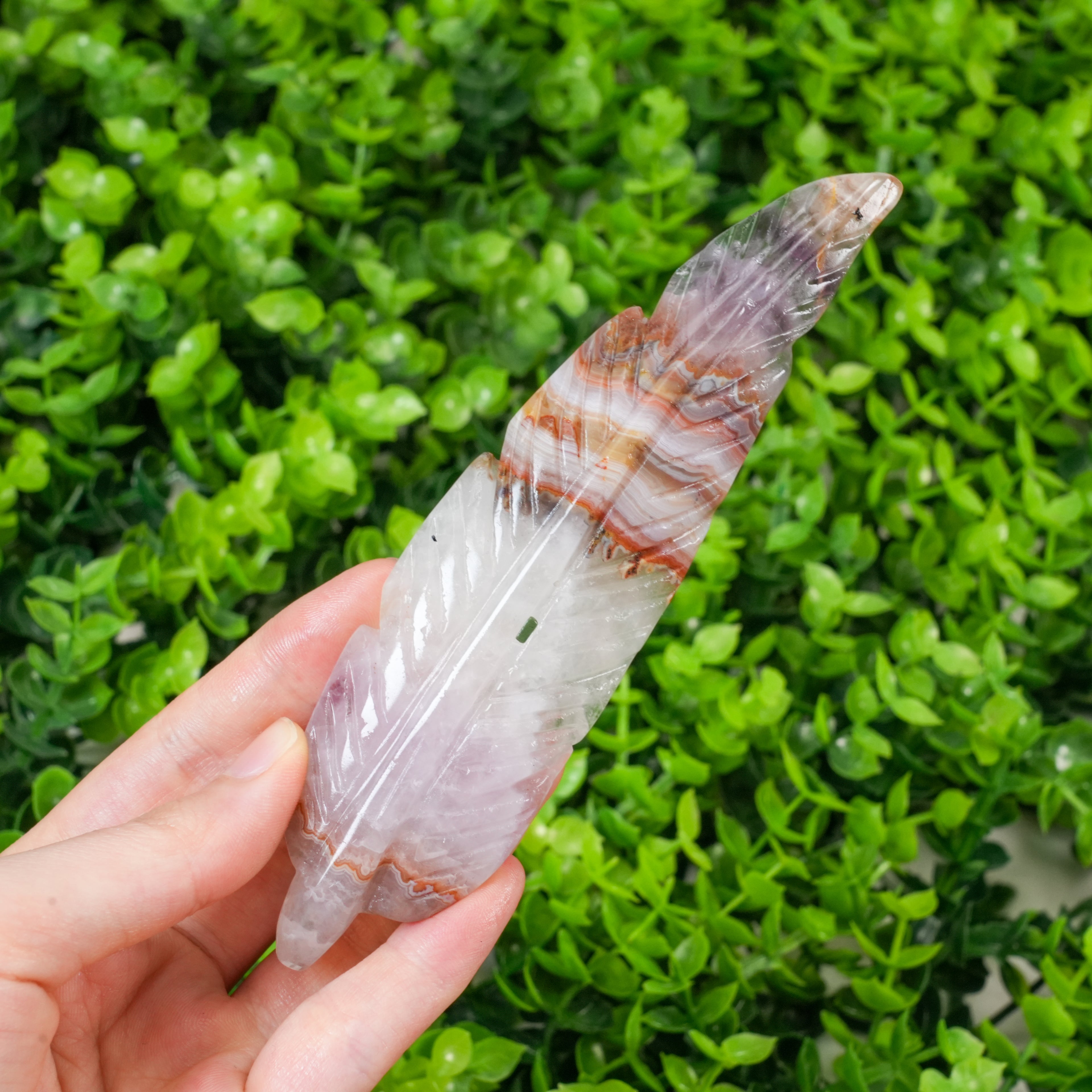 Dream Amethyst Feather Crystal Carving, Hand Polished Feather Shaped Stone for Spiritual Decor & Energy Healing