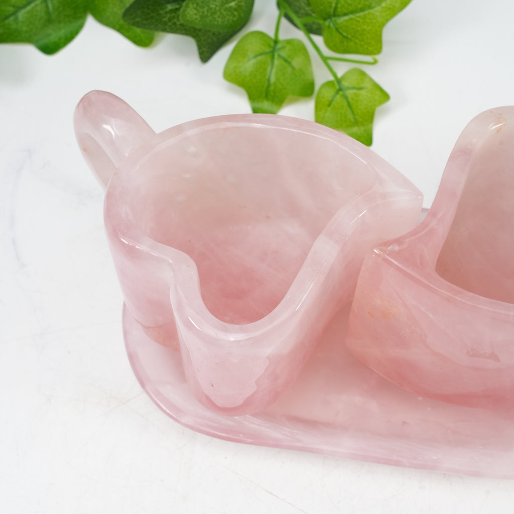 Natural Rose Quartz Heart Shaped Couple Cup Set With Saucer | Hand Carved Healing Crystal Drinkware, Unique Love Gift