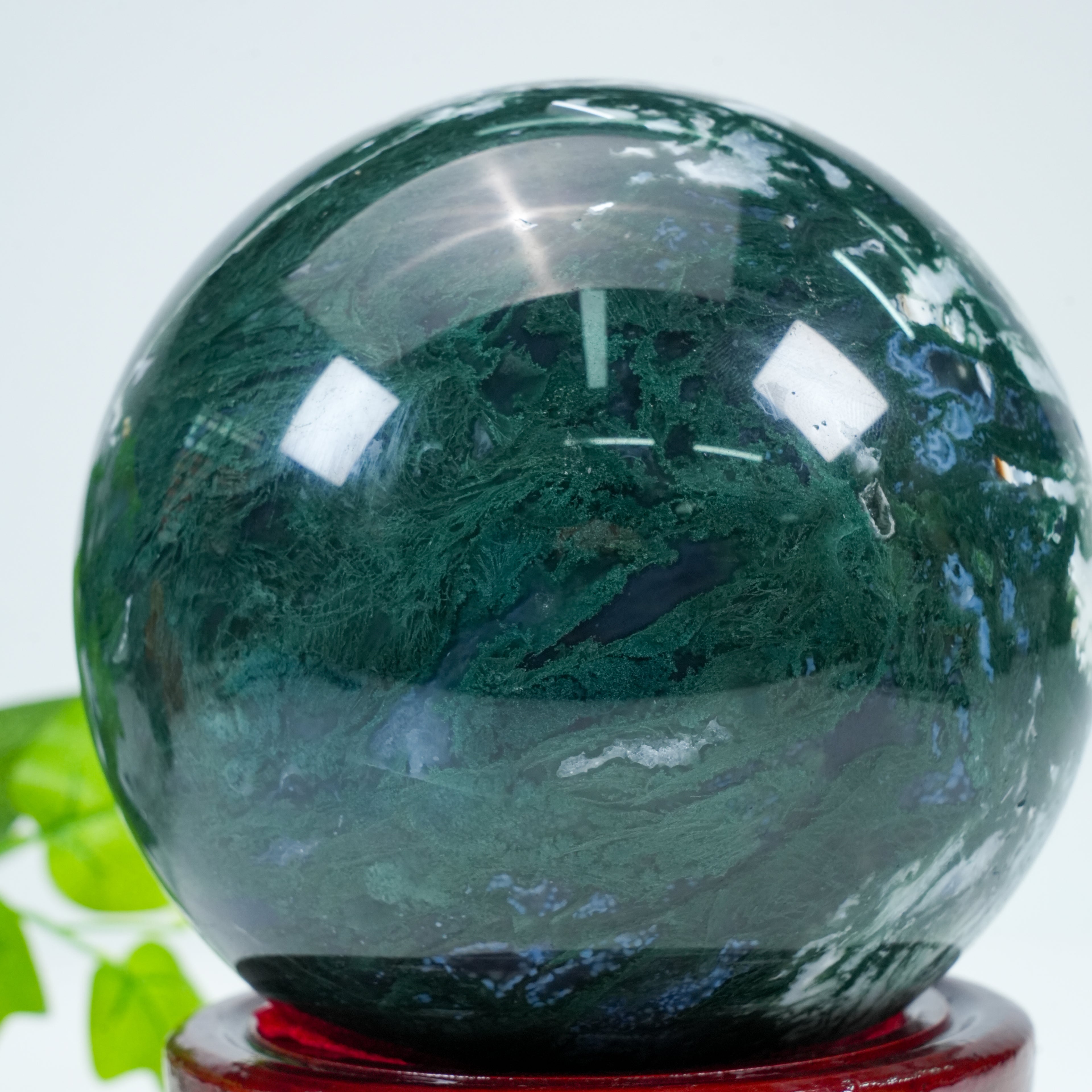 Moss Agate Sphere with Wooden Stand | Healing Crystal Sphere for Growth & Abundance