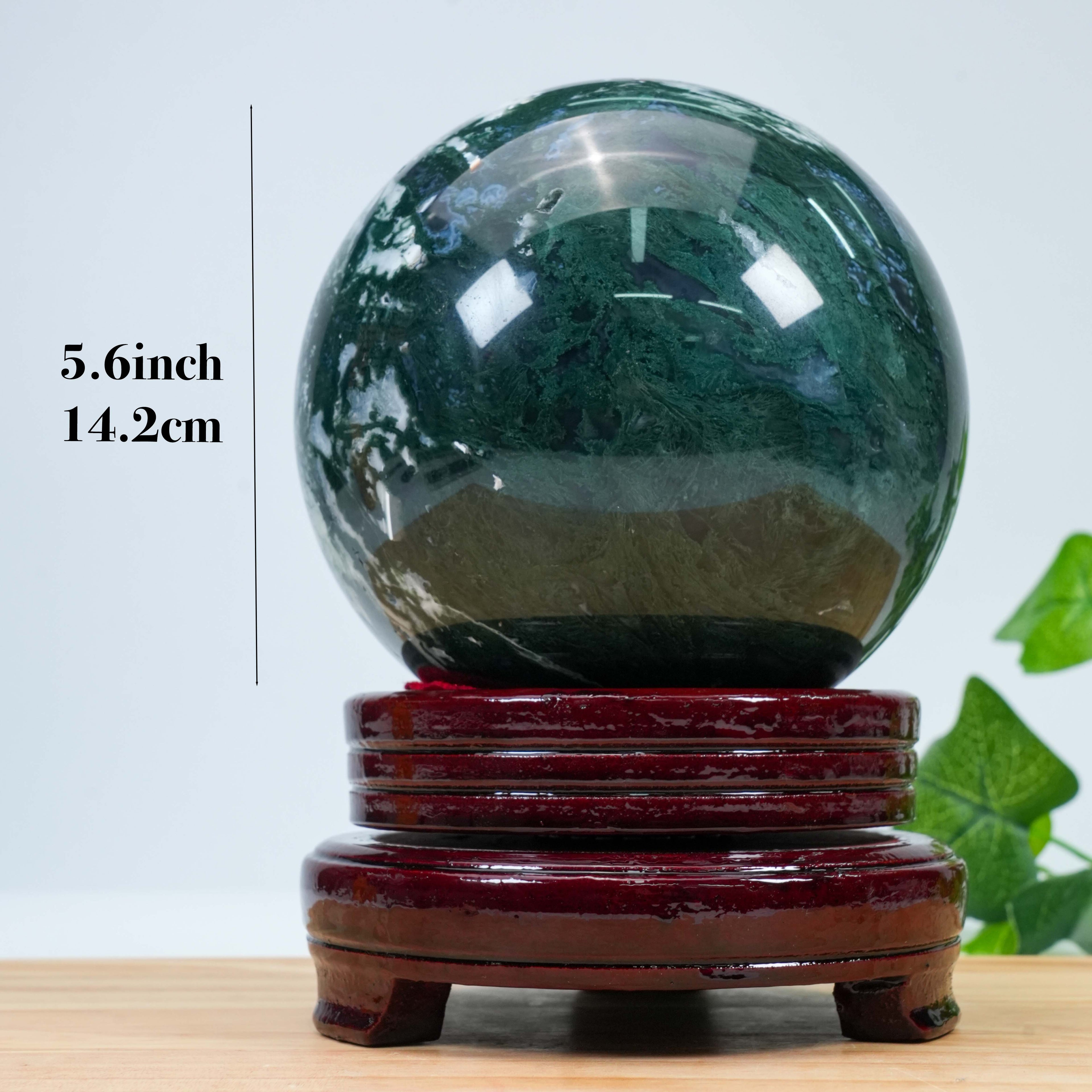 Moss Agate Sphere with Wooden Stand | Healing Crystal Sphere for Growth & Abundance