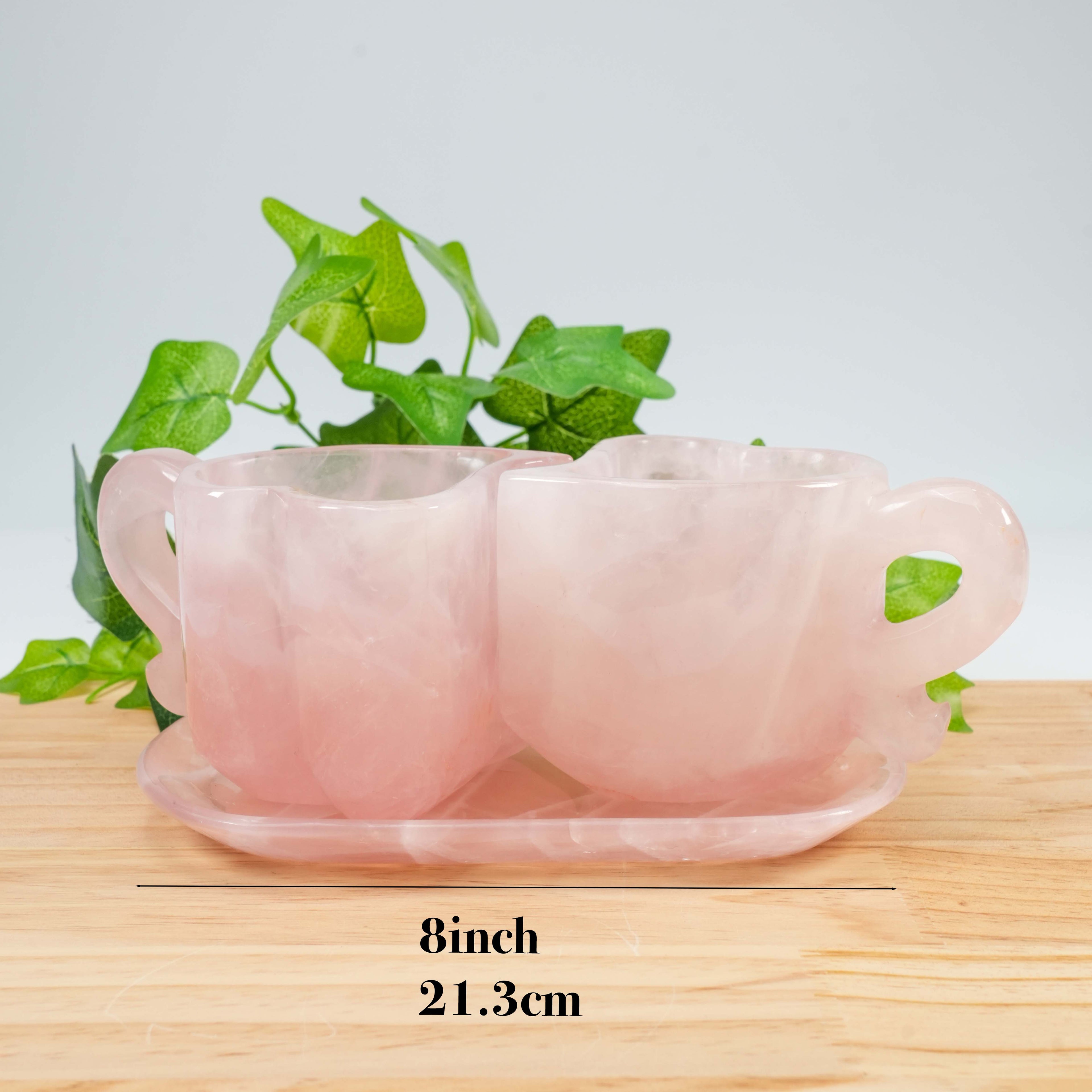 Natural Rose Quartz Heart Shaped Couple Cup Set With Saucer | Hand Carved Healing Crystal Drinkware, Unique Love Gift