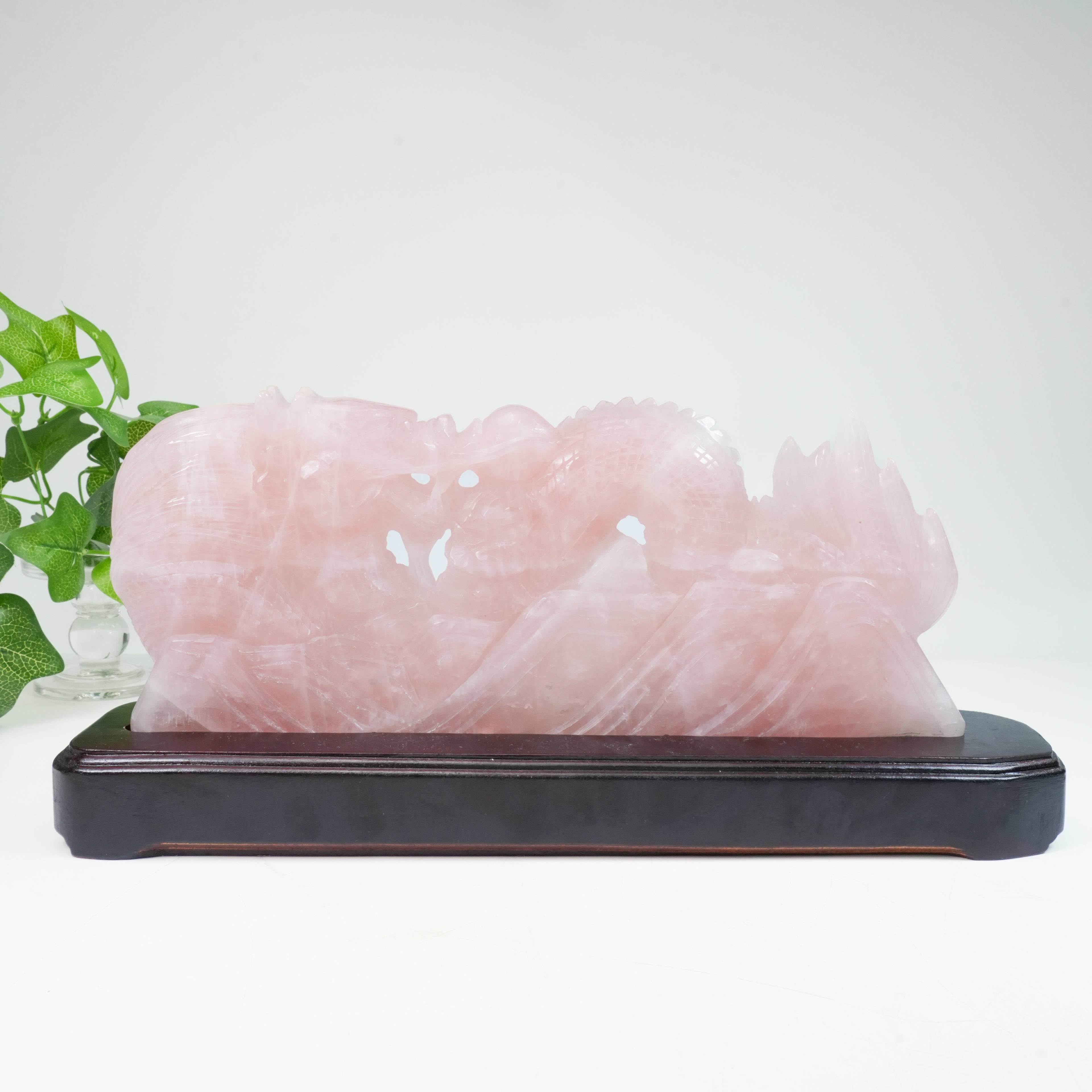 Large Handcarved Natural Rose Quartz Dragon & Phoenix Sculpture