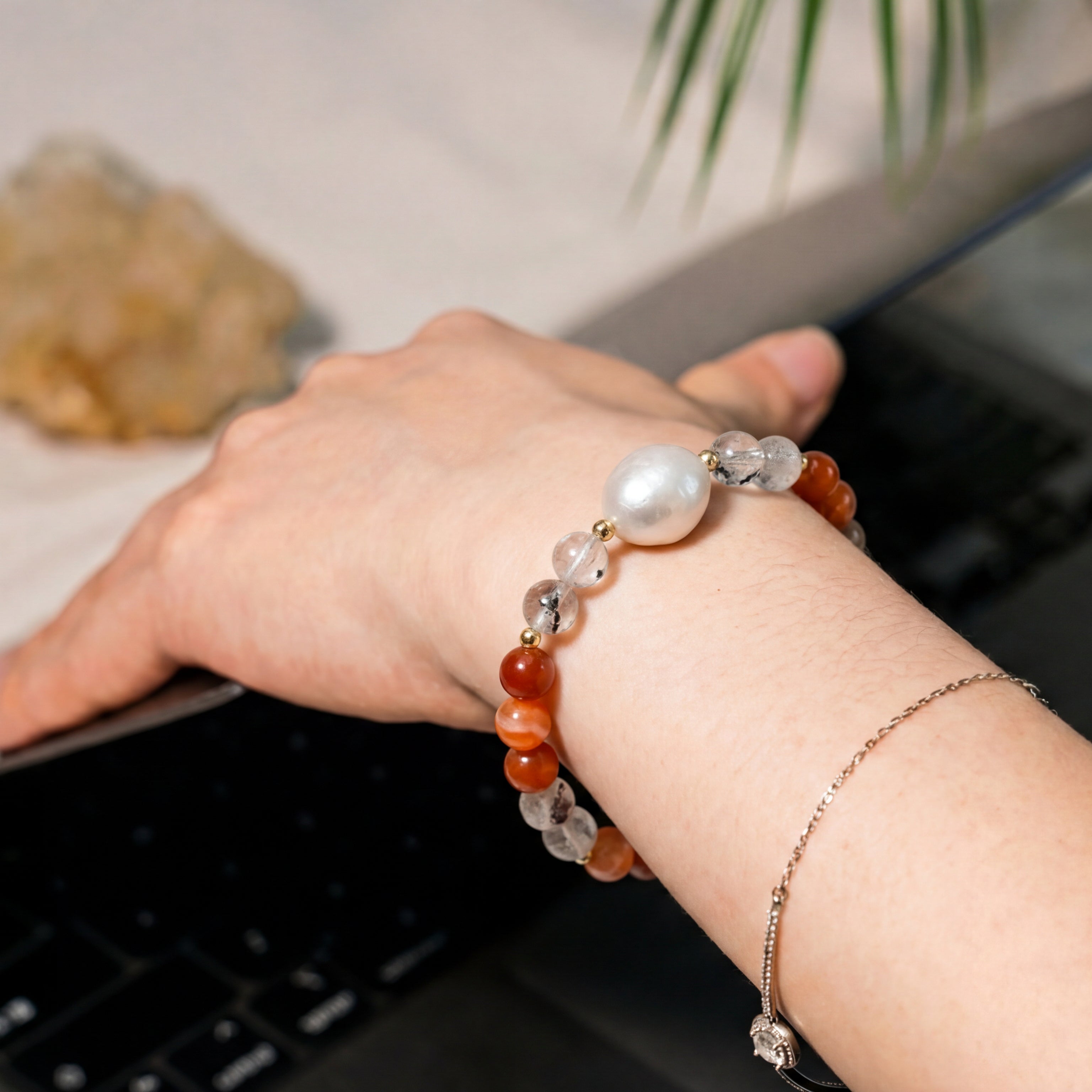 Custom Red Fire Quartz & Garden Quartz  Pearl Bracelet