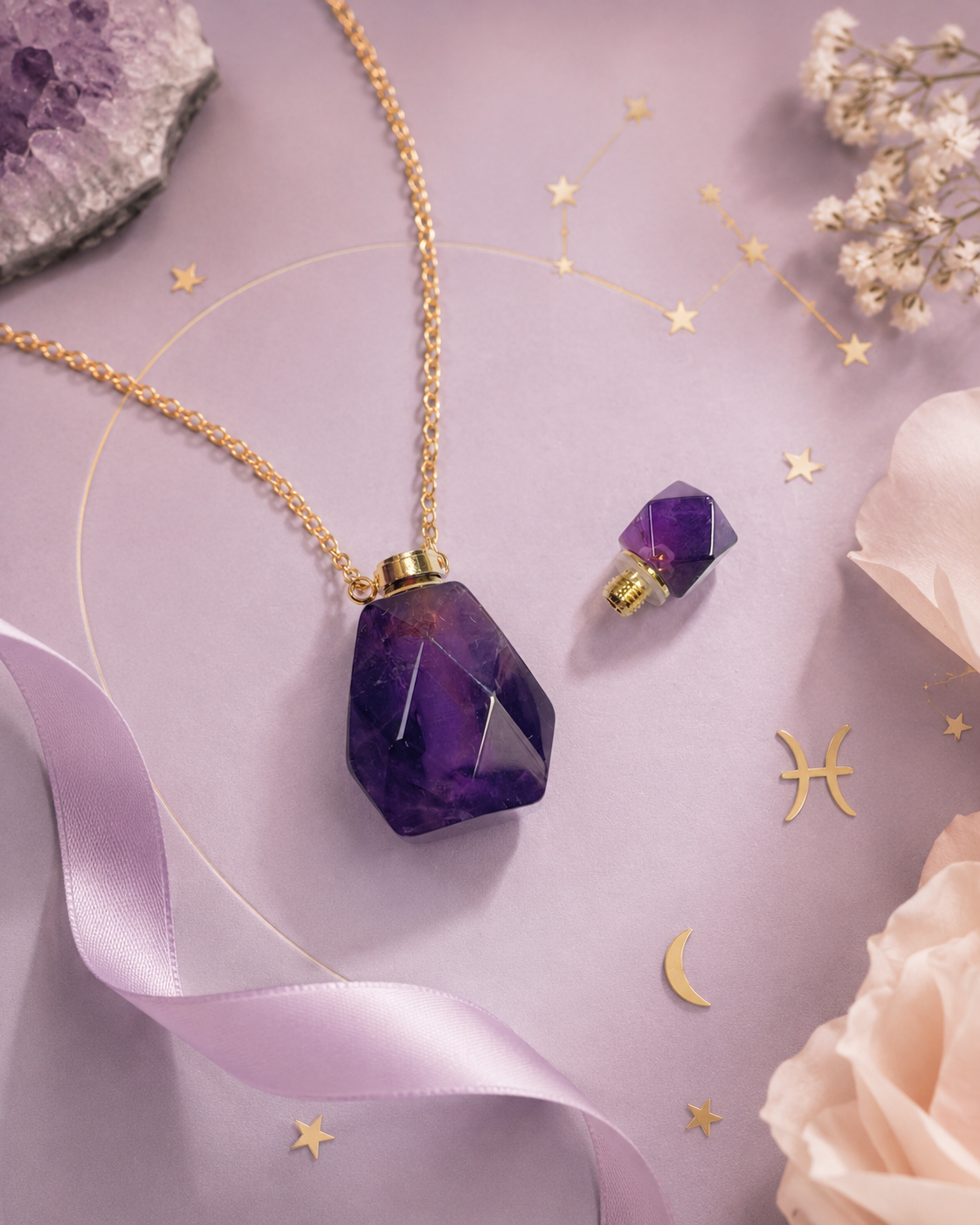 Pisces Zodiac Crystal Gift Set | Amethyst Perfume Bottle Pendant Necklace & Beaded Bracelet Kit, Astrology Birthday Gift for Women