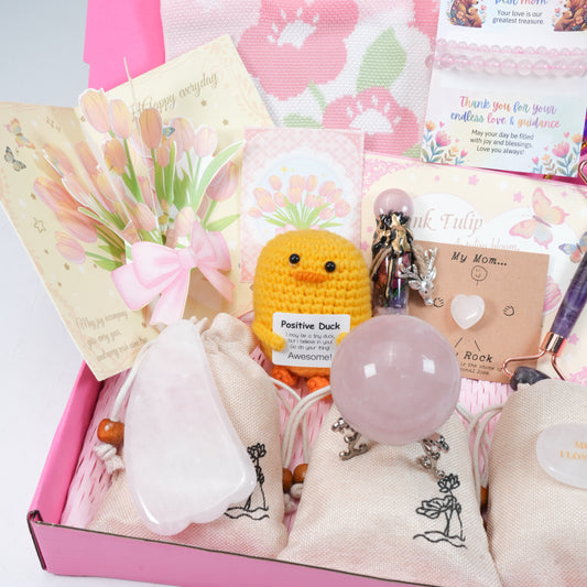 Mother’s Day Crystal Gift Set - Healing Rose Quartz & Amethyst Spa Box, Spiritual Wellness Gift for Mom, Grandma, Wife