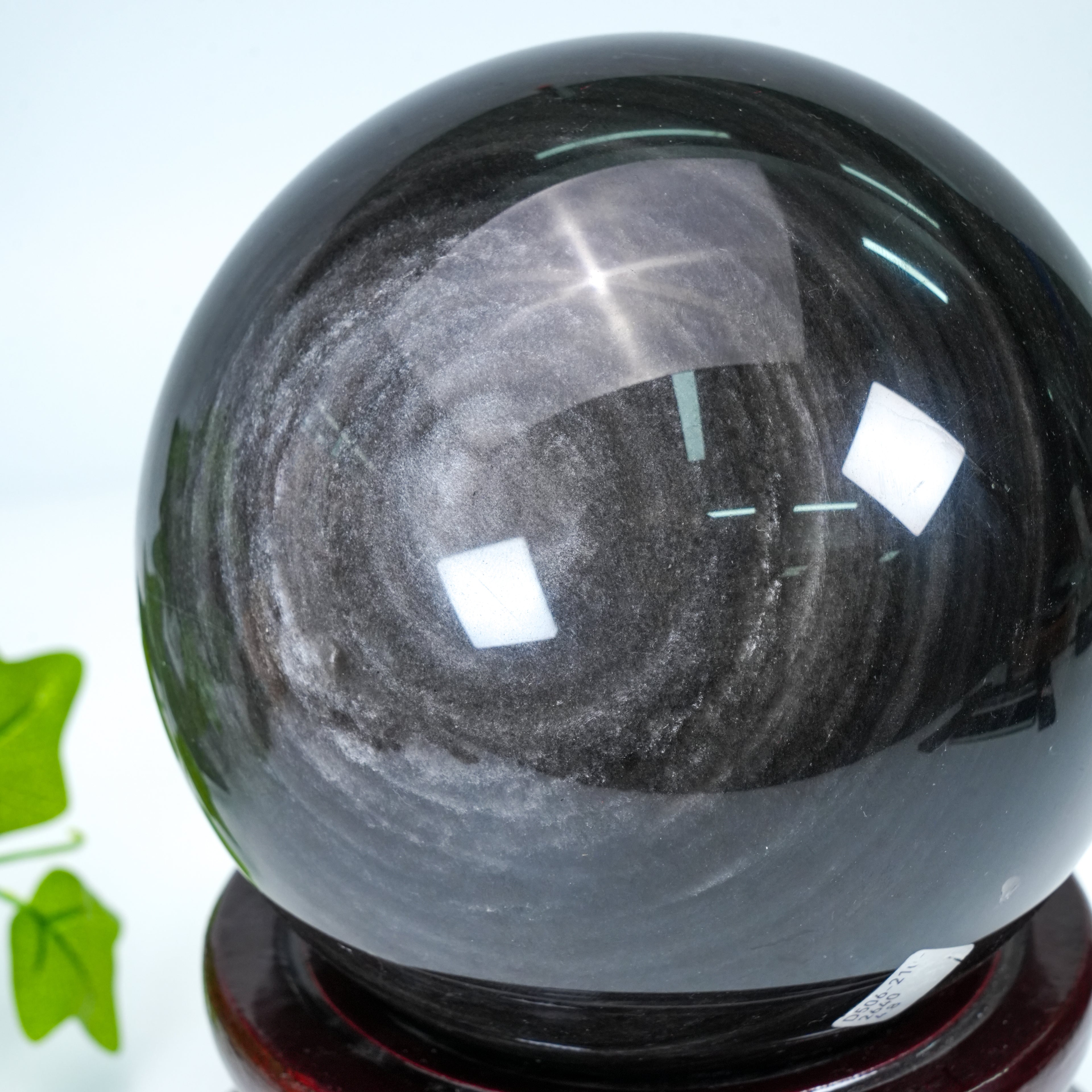 Silver Obsidian Crystal Sphere with Wooden Stand | Healing Crystal for Home Protection