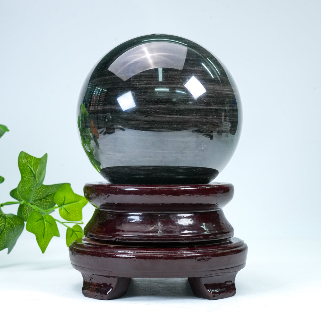 Silver Obsidian Crystal Sphere with Wooden Stand | Healing Crystal for Home Protection