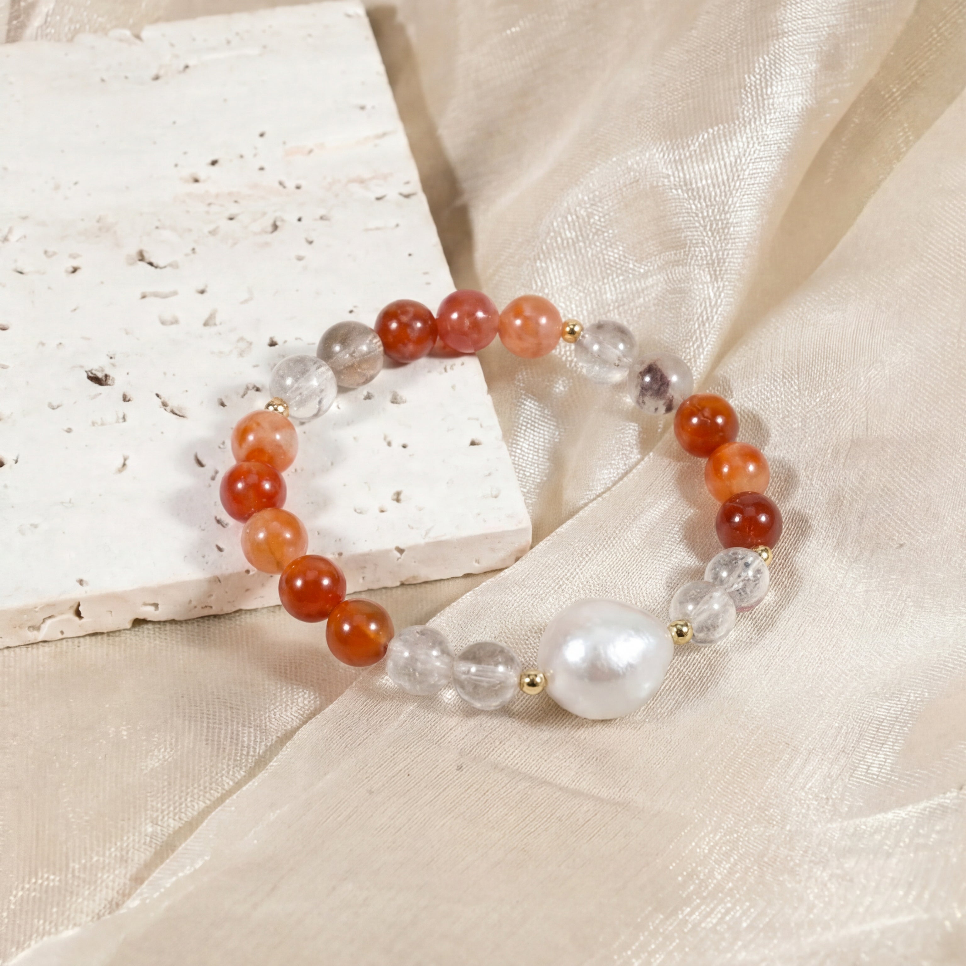 Custom Red Fire Quartz & Garden Quartz  Pearl Bracelet