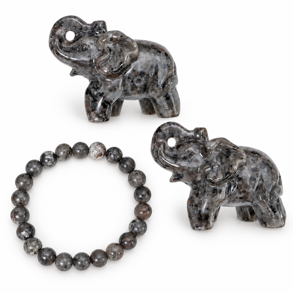 Yooperlite Gift Set, 2 Elephant Carvings or 2 Dragon Heads Carvings with an 8mm Beaded Bracelet, Gift Box Included