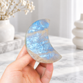 Blue Flash Moonstone Crescent Moon Carving, Polished Moon Crystal Slice for Spiritual Decor & Energy Healing