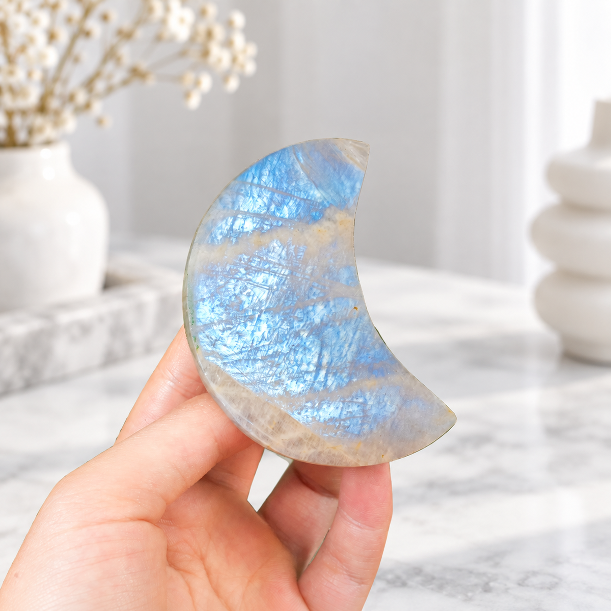 Blue Flash Moonstone Crescent Moon Carving, Polished Moon Crystal Slice for Spiritual Decor & Energy Healing