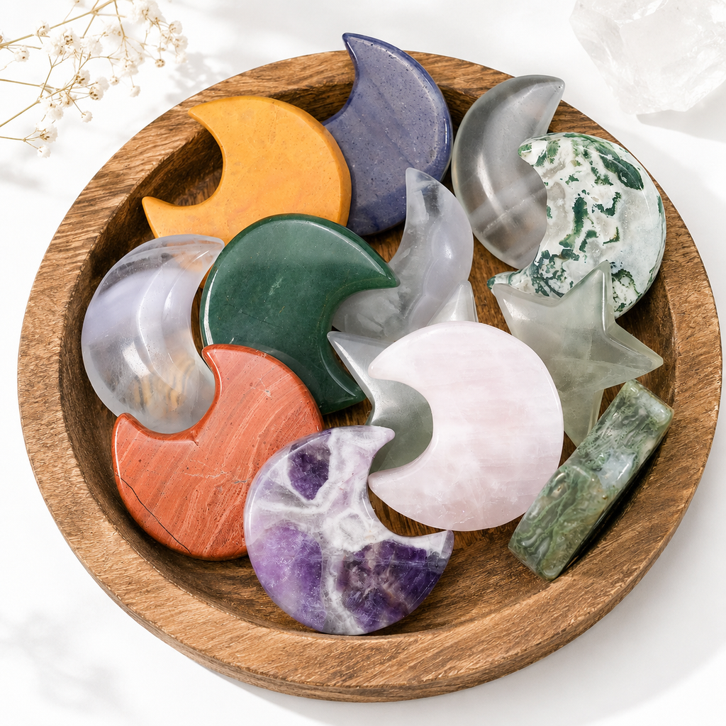 Mixed Crystal Moon & Star Carvings | Natural Polished Palm Stones for Meditation & Altar Décor