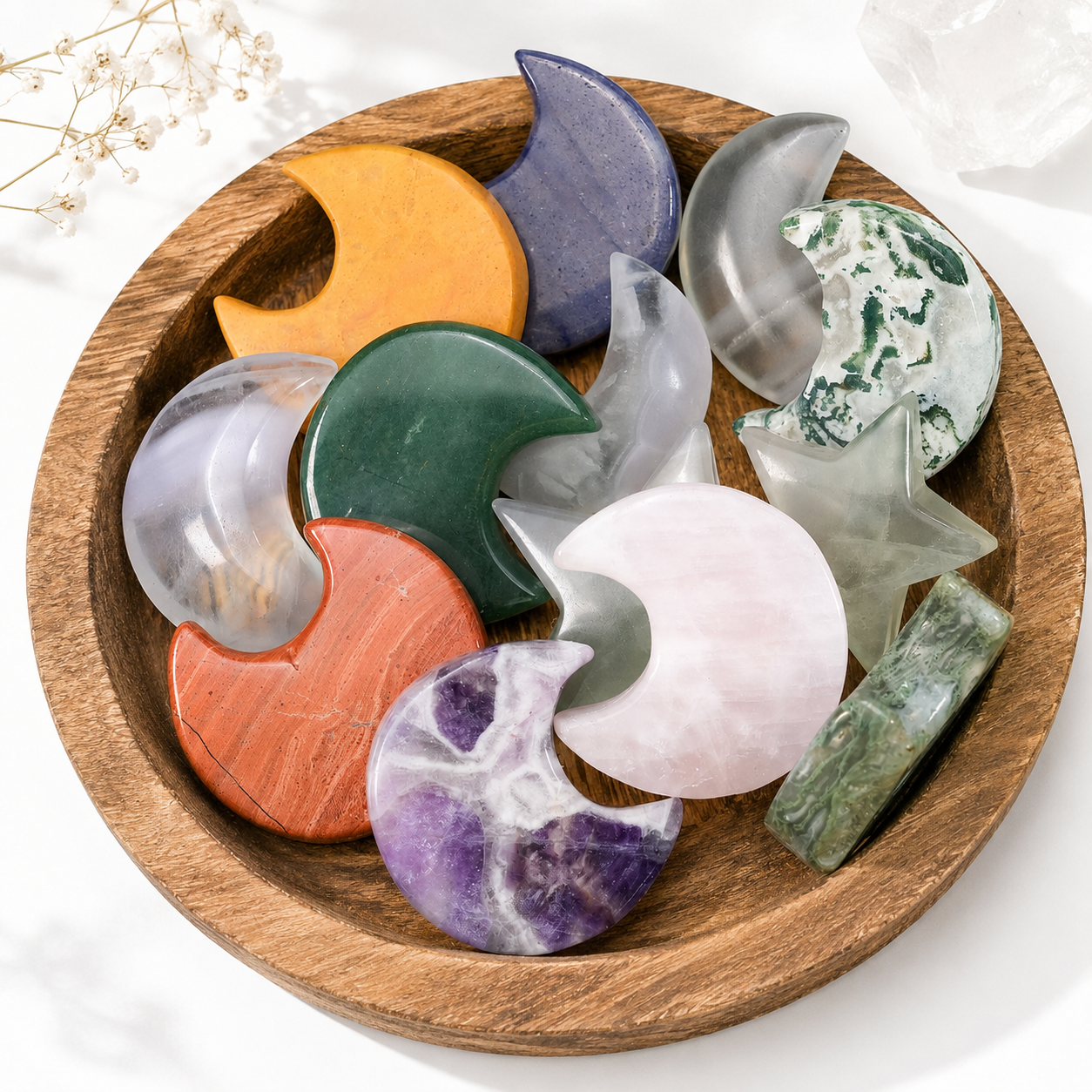 Mixed Crystal Moon & Star Carvings | Natural Polished Palm Stones for Meditation & Altar Décor