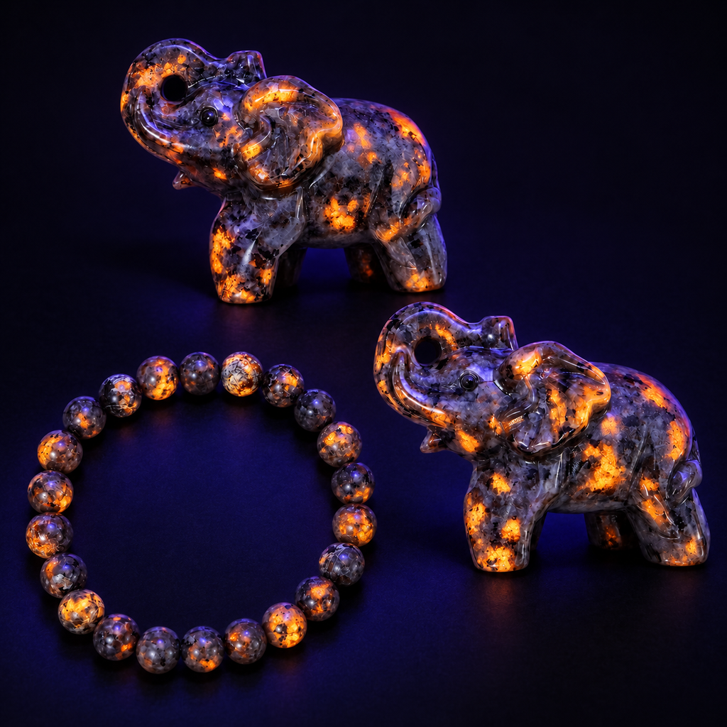 Yooperlite Gift Set, 2 Elephant Carvings or 2 Dragon Heads Carvings with an 8mm Beaded Bracelet, Gift Box Included