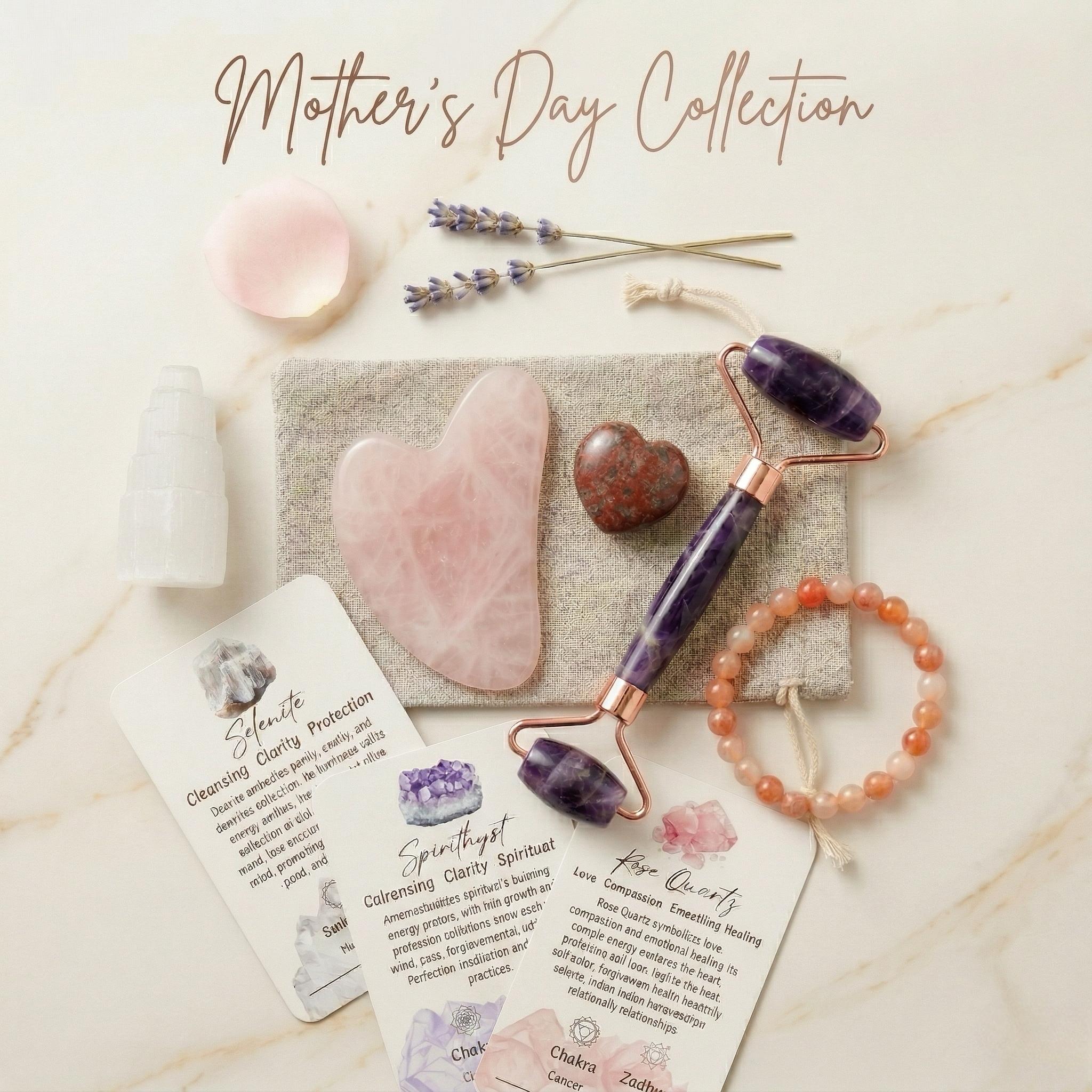 Mother’s Day Crystal Self-Care Gift Box – Rose Quartz Gua Sha & Amethyst Roller Set