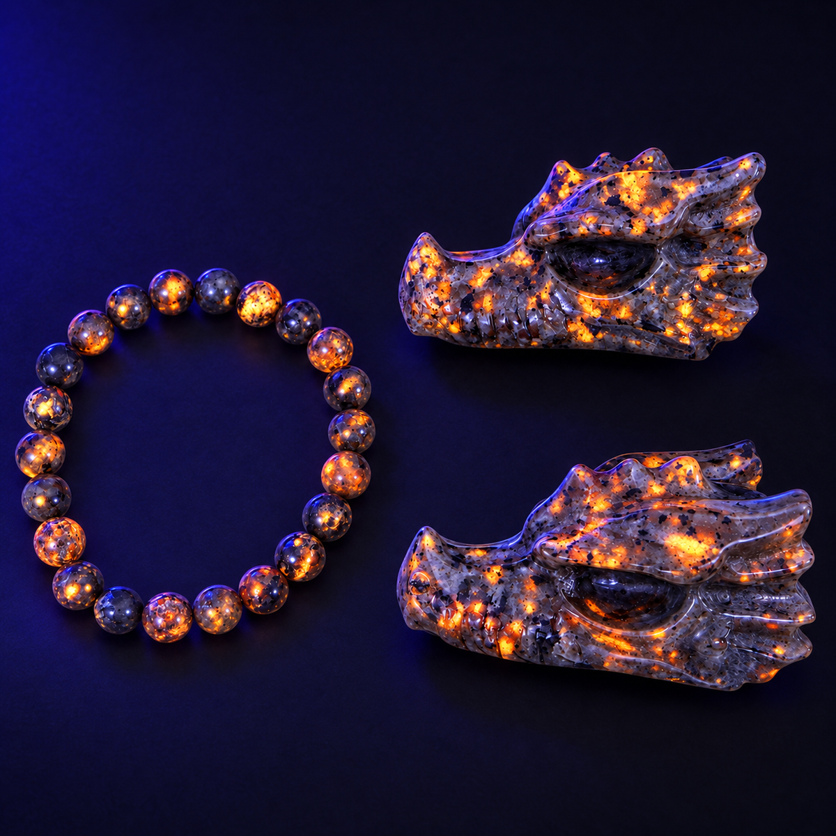 Yooperlite Gift Set, 2 Elephant Carvings or 2 Dragon Heads Carvings with an 8mm Beaded Bracelet, Gift Box Included
